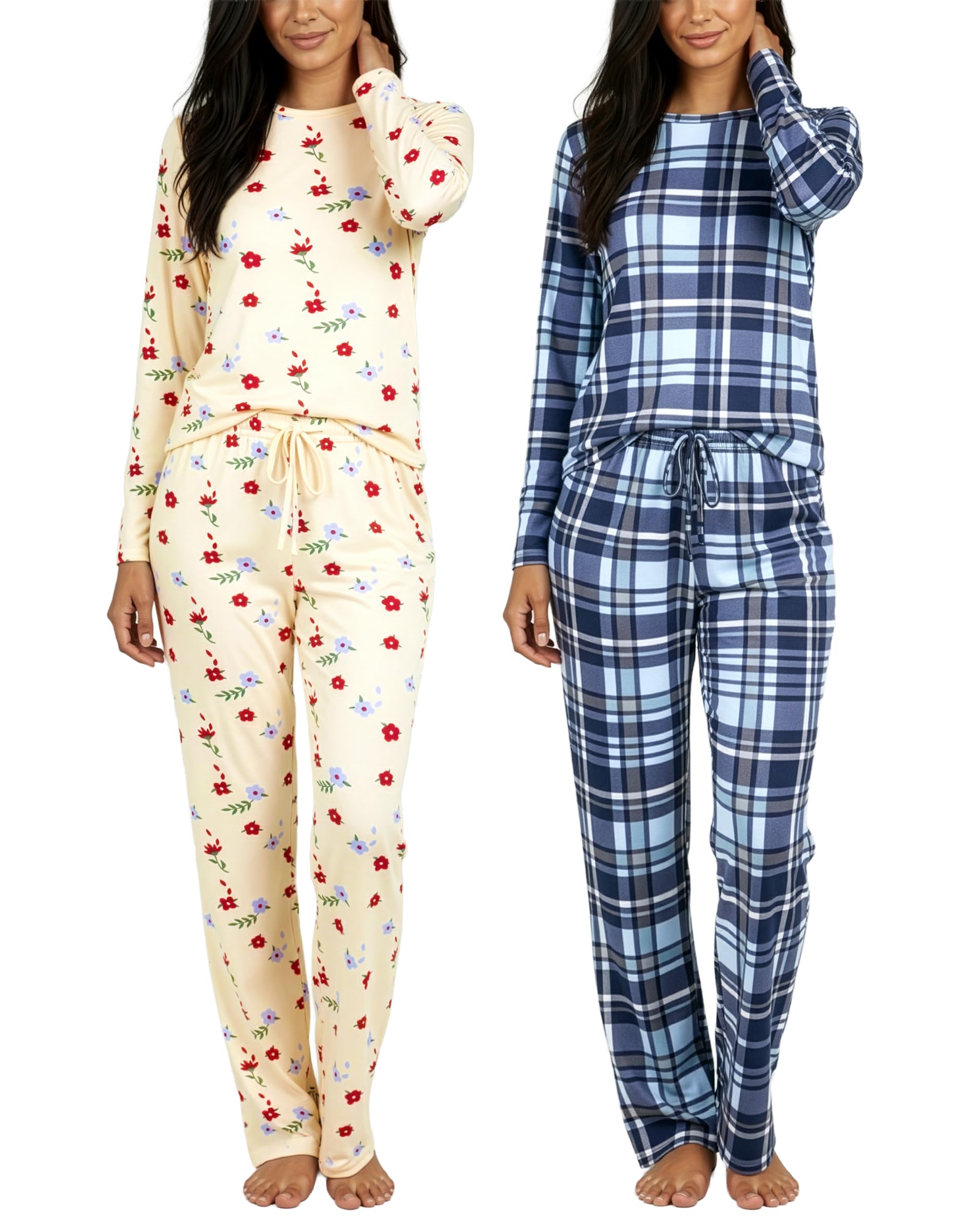 Real Essentials 2 Pack: Women's Long Sleeve Pajama Sets - Soft Comfy 2 Piece PJ Set Matching Ladies Sleepwear (Plus Size)