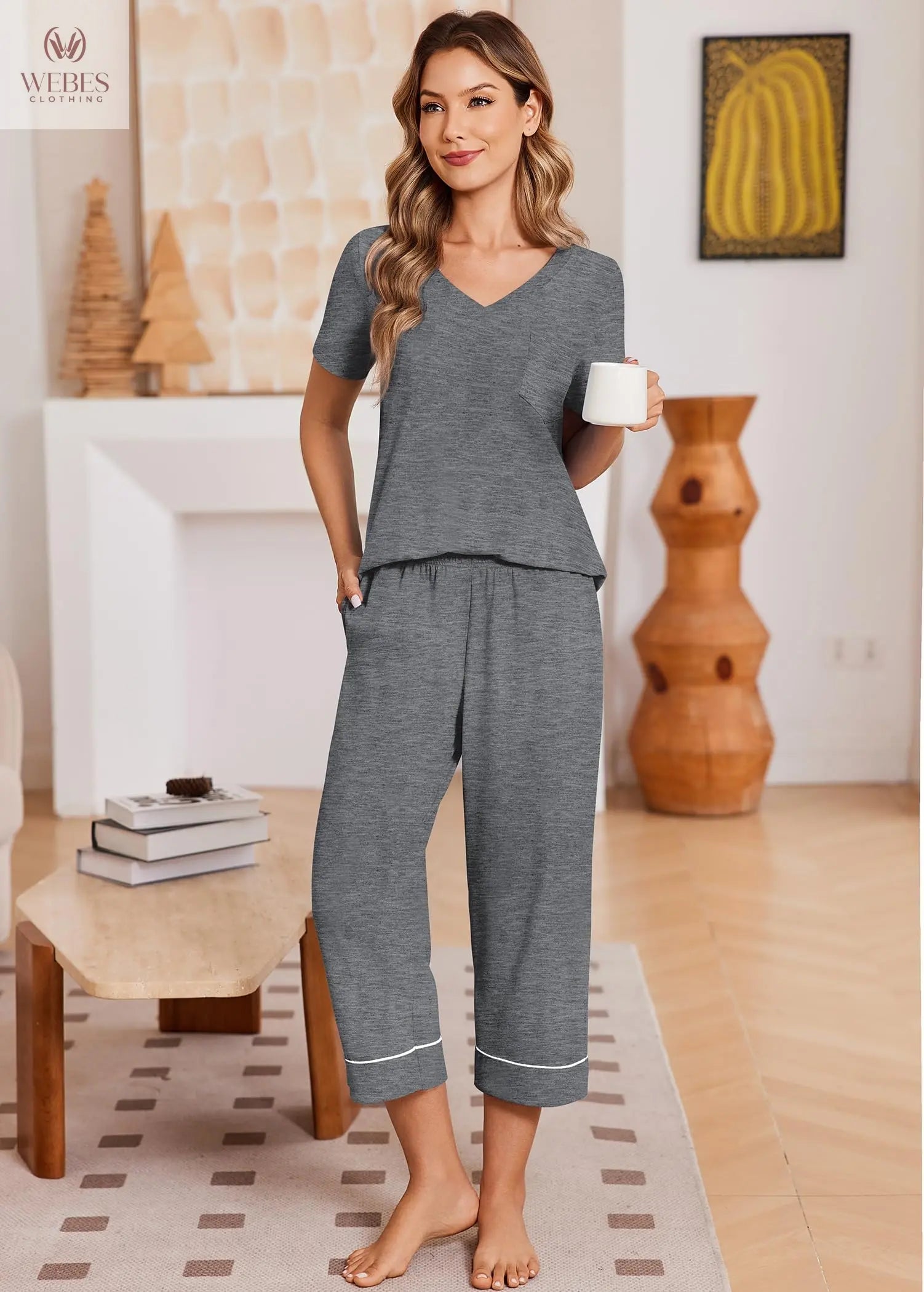 Ekouaer Cotton Pajamas for Women Set Short Sleeve Top and Capri Pants | 2 Pieces Lounge Set with Pockets V Neck Comfy Soft Sleepwear for Mom, Wife, Grandmother WEBE CLOTHING