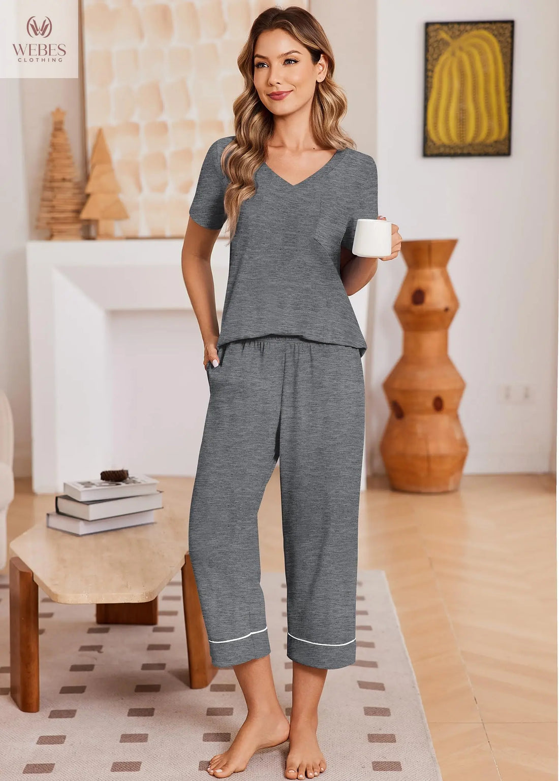 Ekouaer Cotton Pajamas for Women Set Short Sleeve Top and Capri Pants | 2 Pieces Lounge Set with Pockets V Neck Comfy Soft Sleepwear for Mom, Wife, Grandmother WEBE CLOTHING