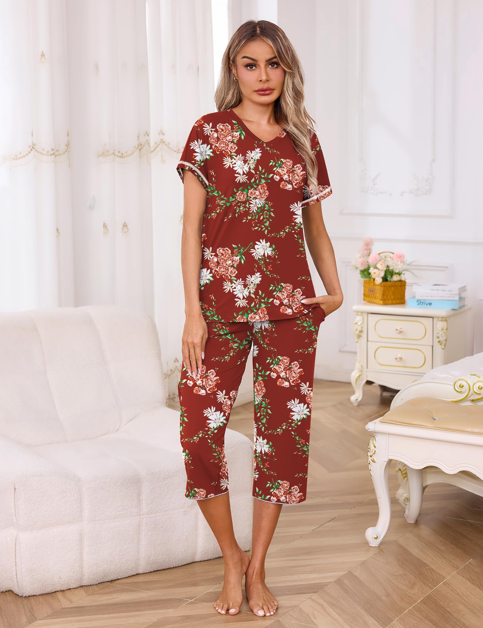 Marvmys Womens 2 Pack Pajama Sets Short Sleeve Sleepwear Capri Pants Pjs | Pockets, Lightweight, Cooling Pyjamas, Nightwear Comfy for Daily Wear, Pajams sets, Sleep, Travel, Wife, Mom WEBE CLOTHING