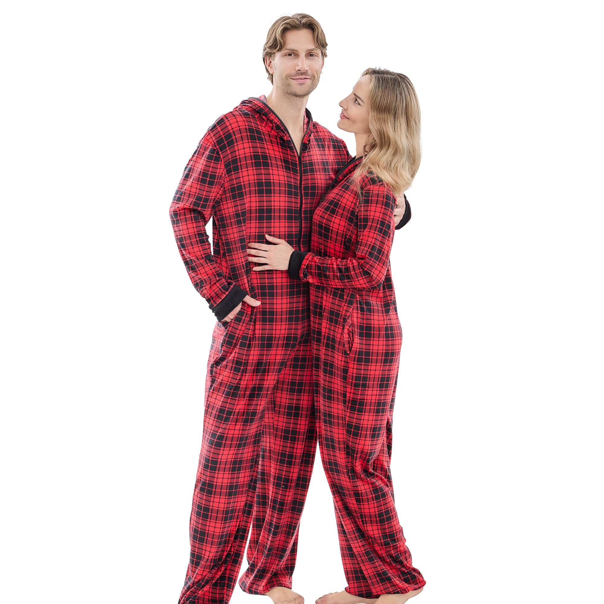 PJGGZ Onesie Couples Matching Pajamas - Funny Plaid Zipper Hooded Pjs Sets for Women & Men Soft Warm Christmas Jumpsuit WEBE CLOTHING