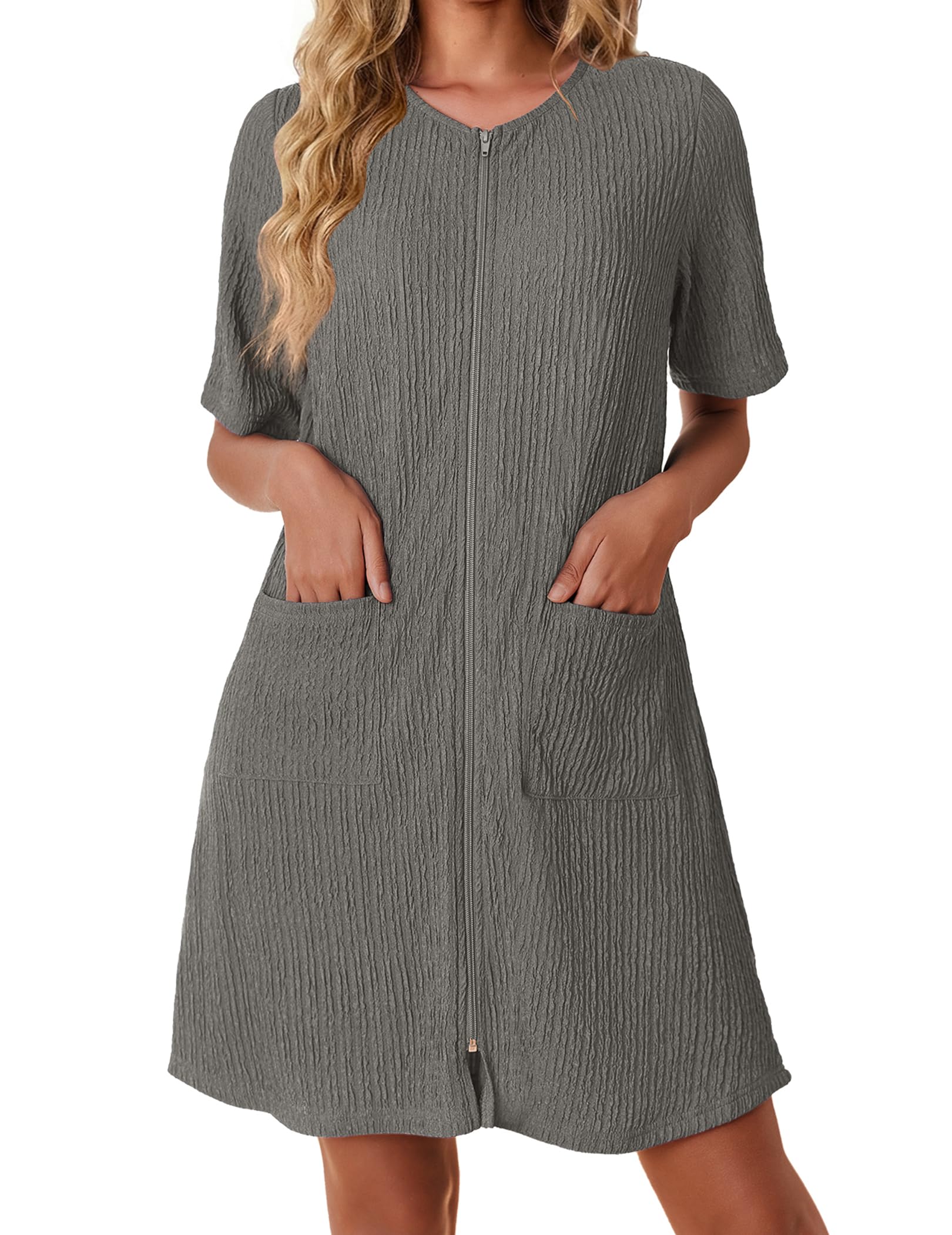 Ekouaer Women Zipper Robes Knit Short Bathrobe Lightweight House Coat with Pockets Soft Nightgown S-XXL WEBE CLOTHING