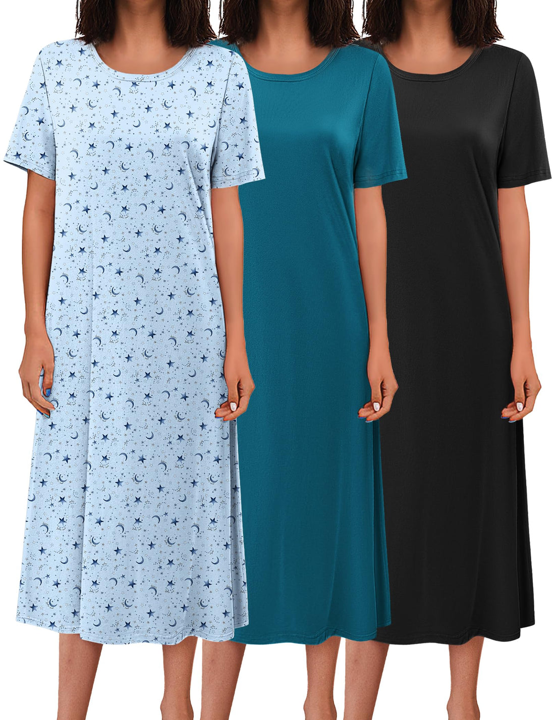 Ekouaer 3 Pack Long Nightgowns for Women Full Length Short Sleeve Nightshirt Soft Plus Size Sleepwear Casual Loungwear WEBE CLOTHING