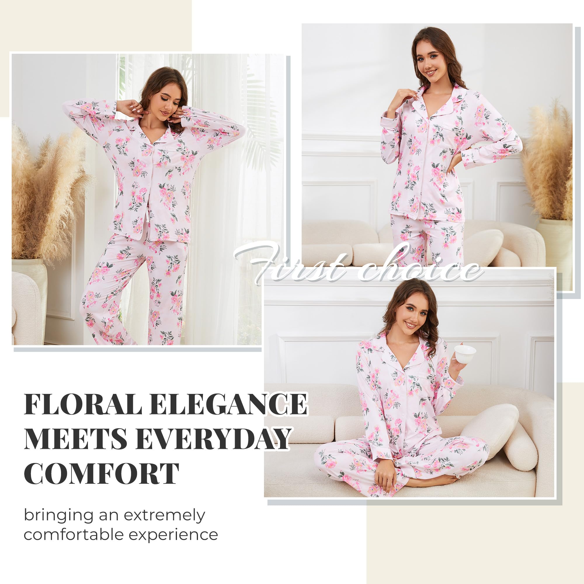 LYCY Womens Pajama Sets Floral Print, Long Sleeve Button Down Pajamas Set for Women Soft Sleepwear Pjs 2 piece Loungewear