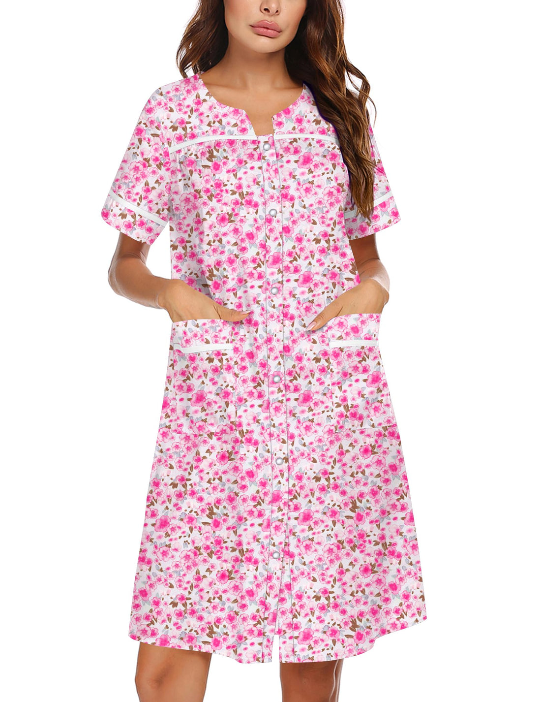 Ekouaer Nightgowns for Women House Dress with Pockets Snap Front House Coat | Duster Mumu Dress, Short Sleeve Moo Moos, Plus Size Sleepwear, Casual Lounge Dress, Labor Delivery Gown, Daily Wear, Home