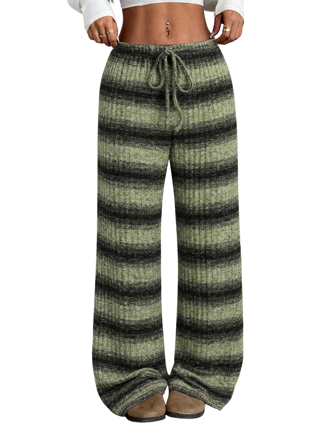 ZAFUL Women's Striped Pants Casual Fold Waist Wide Leg Pants Lightweight Comfy Stretchy Loose Lounge Pajama Pants