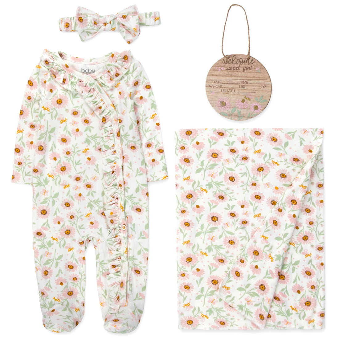 Newborn Baby 4 Piece Coming Home Outfit Gift Set – Footie Sleeper, Blanket, Headband & Ornament for Boys & Girls