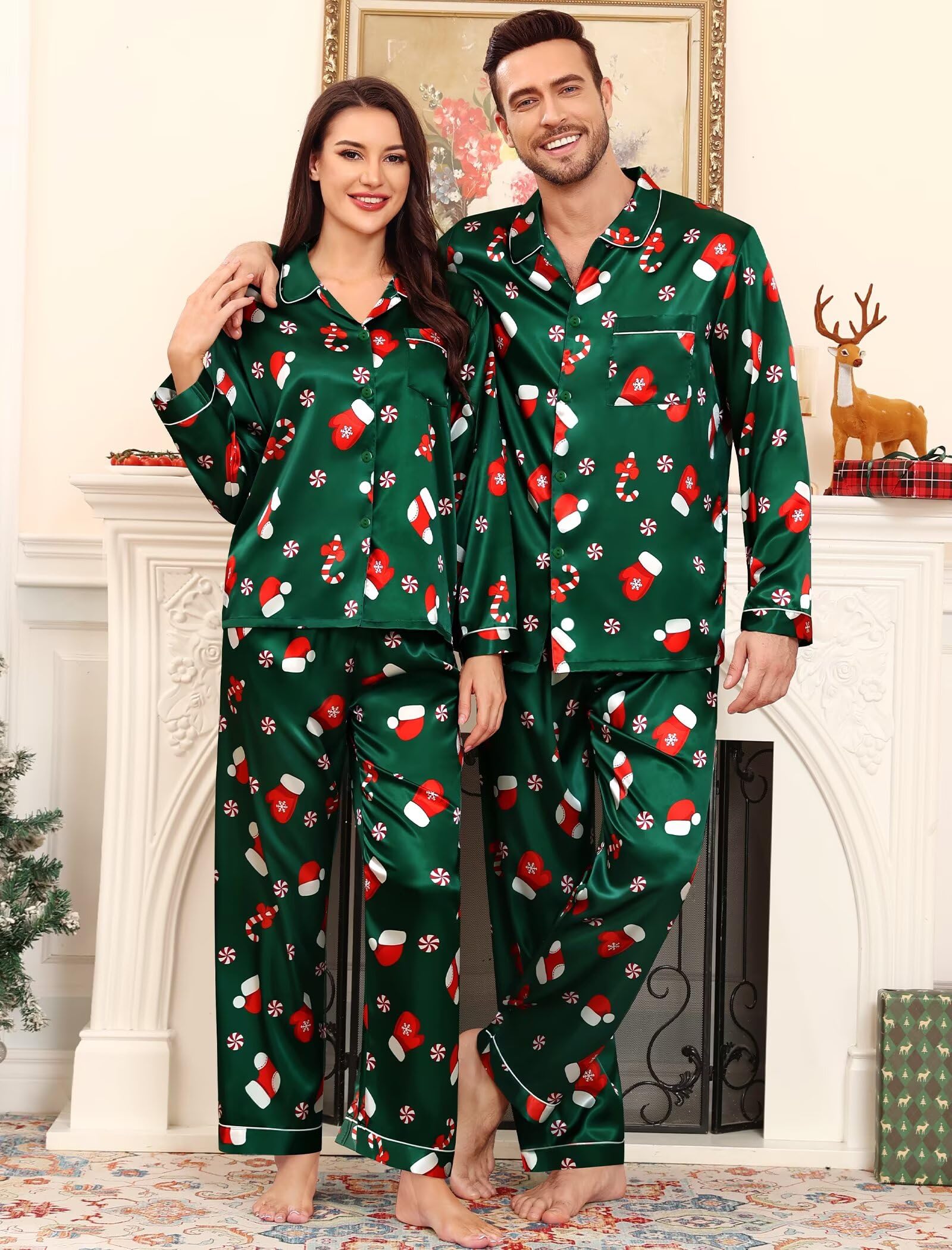 SWOMOG Family Matching Pajama Set 2Pcs Silk Satin Sleepwear Long Sleeve Button Down Loungewear