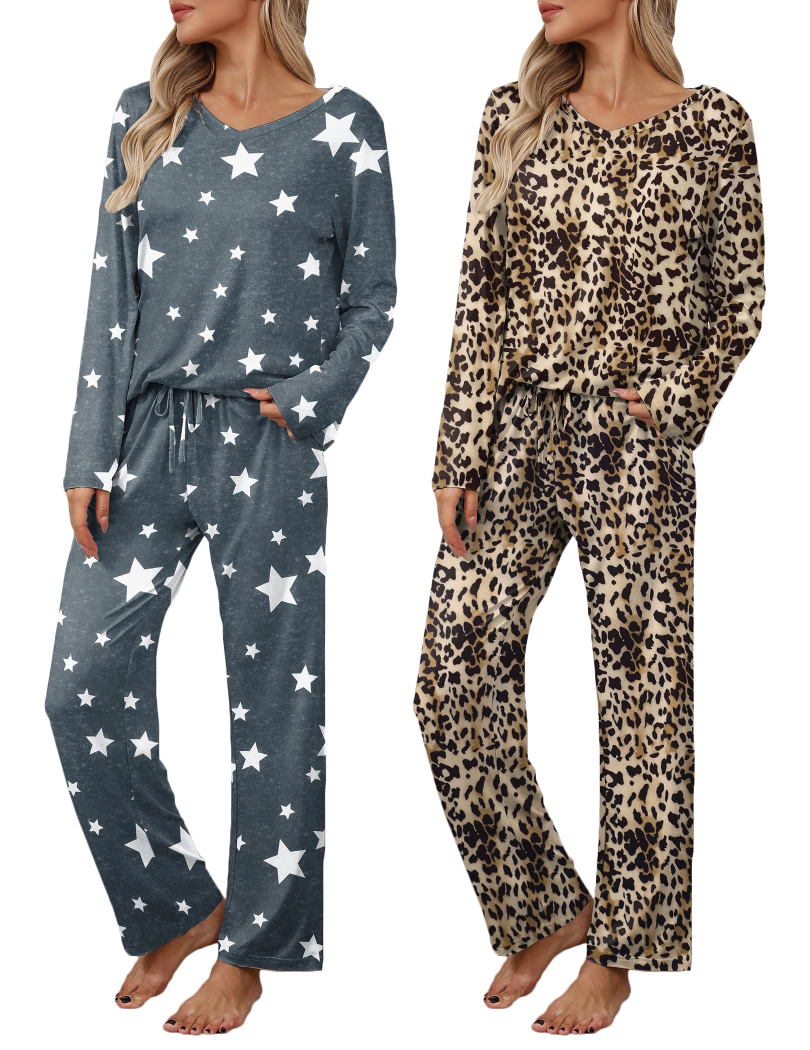 Ekouaer Womens 2 Pack Pajama Set Long Sleeve Pajamas Top and Pants V Neck Pjs Set Soft Loungewear with Pockets