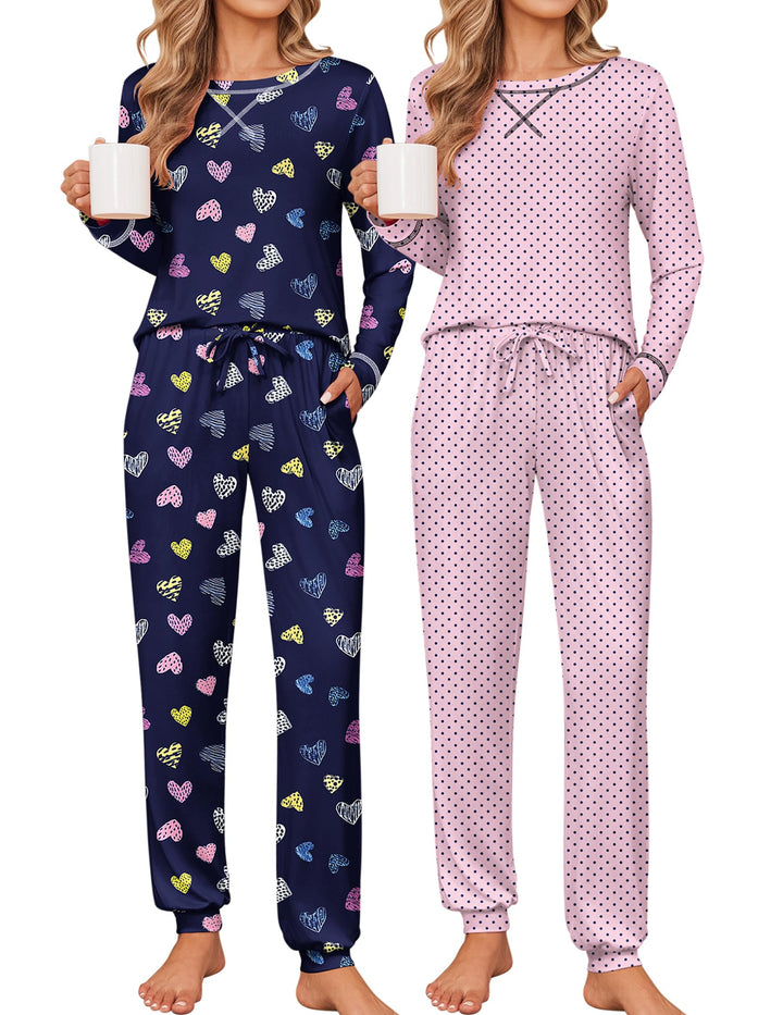 Ekouaer 2 Pack Pajama Sets for Womens Jogger Pants Pjs Long Sleeves Lounge Set Soft Sleepwear with Pockets