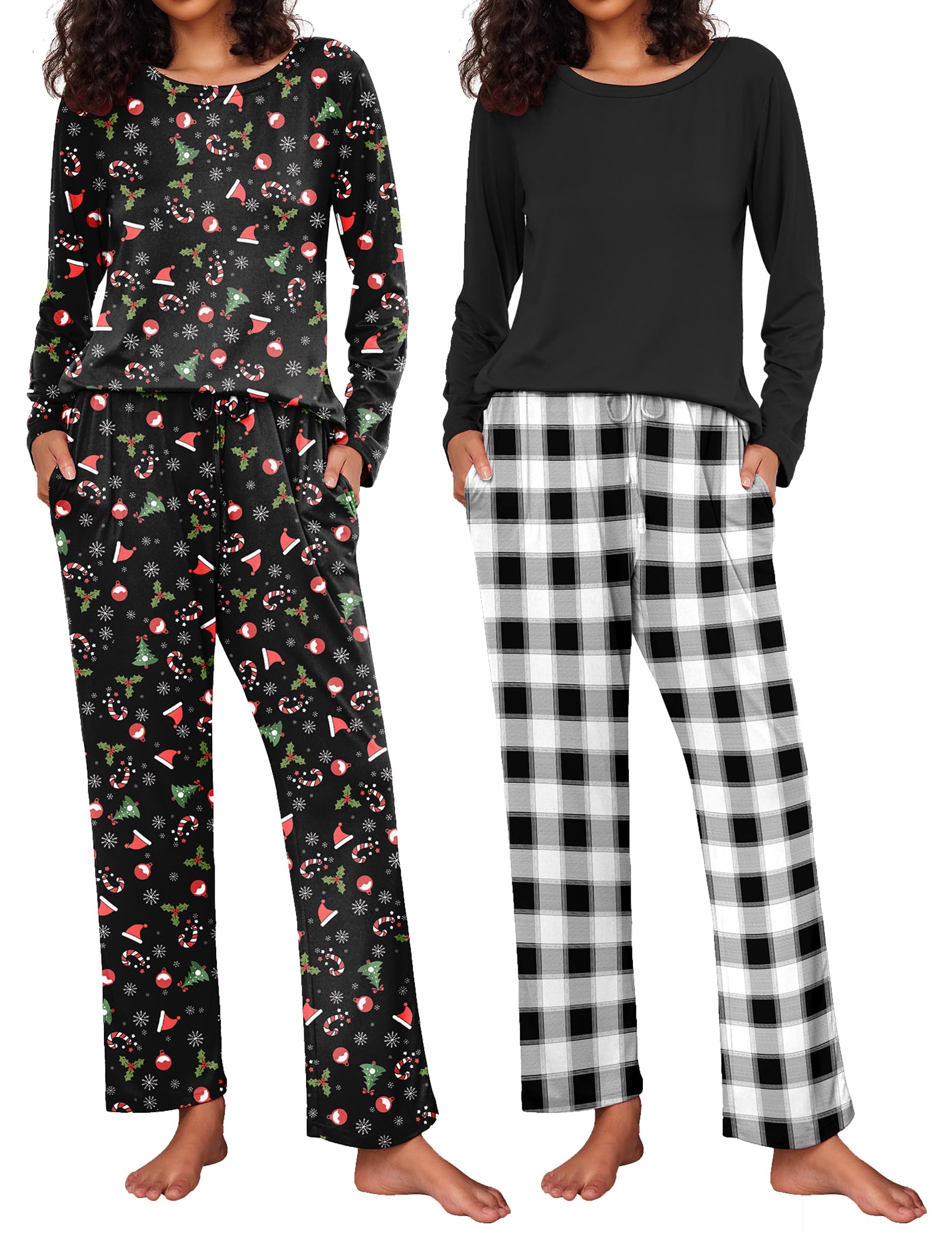 Ekouaer 2 Pack Womens Pajama Sets Long Sleeve Pjs Lounge Set Soft Comfy Sleepwear Winter Loungewear