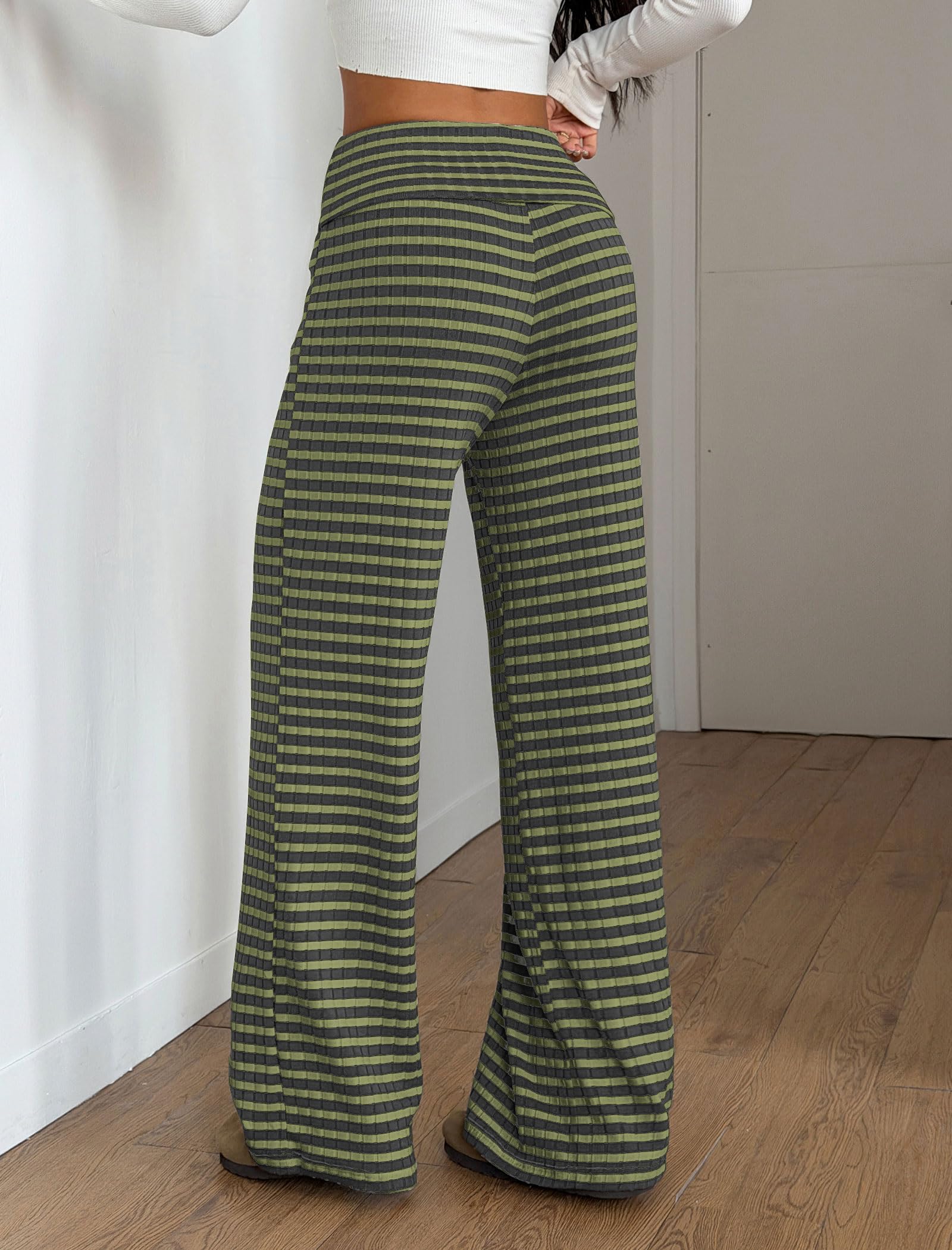ZAFUL Women's Striped Pants Casual Fold Waist Wide Leg Pants Lightweight Comfy Stretchy Loose Lounge Pajama Pants
