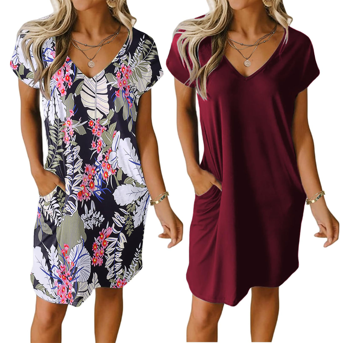 Ekouaer Womens 2 Pack Nightgown V Neck Sleepshirt Short Sleeve Nightshirt Plain/Floral Pajama Dress with Pockets