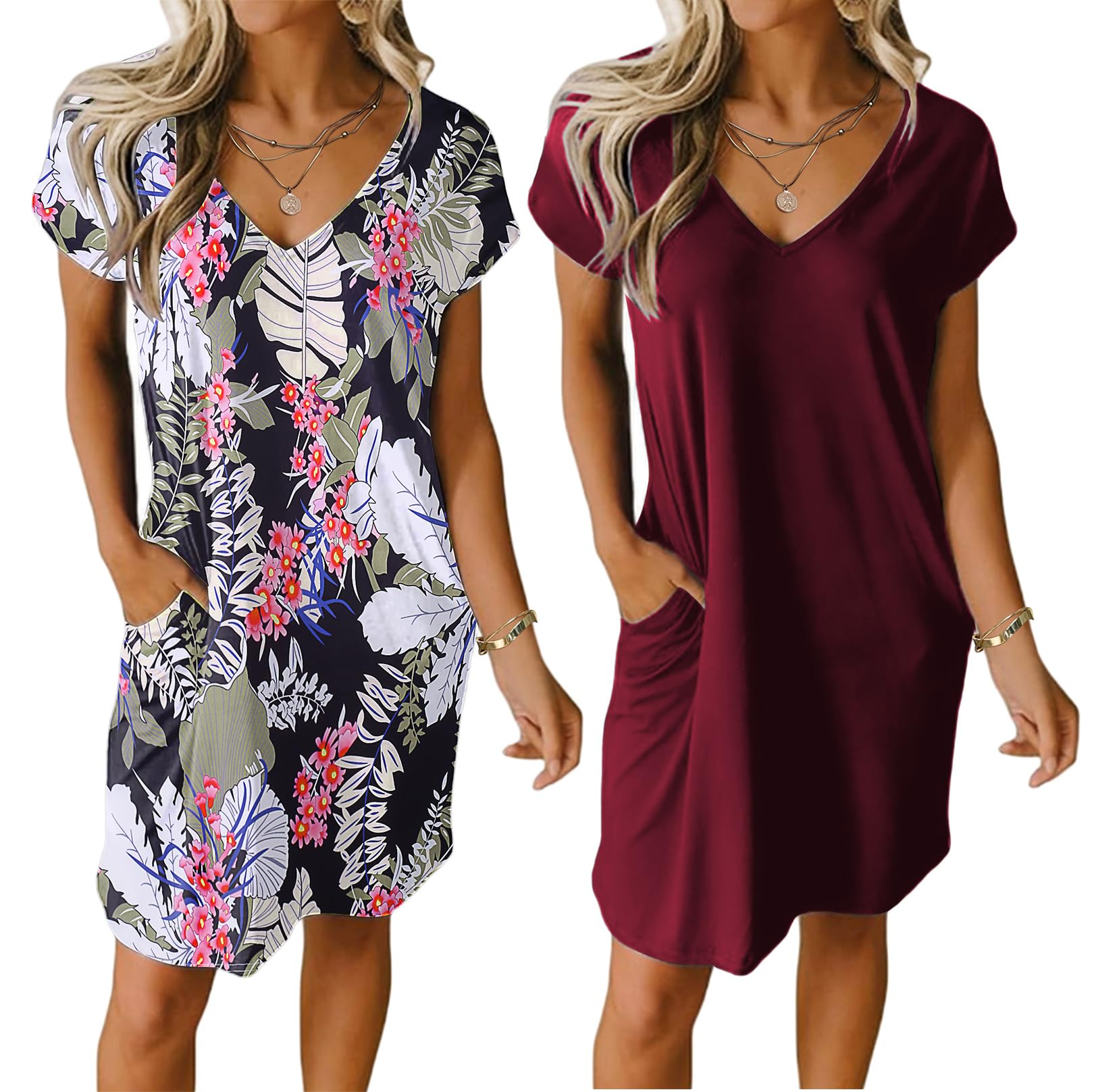 Ekouaer Womens 2 Pack Nightgown V Neck Sleepshirt Short Sleeve Nightshirt Plain/Floral Pajama Dress with Pockets
