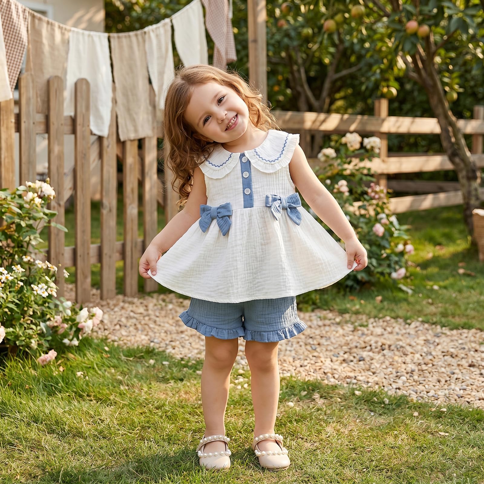 Amnnchya Toddler Girl Clothes Baby Summer Spring Outfits Cute Bow Button Smocked Ruffle Sleeve Tops ＋ Girls Shorts Set WEBE CLOTHING
