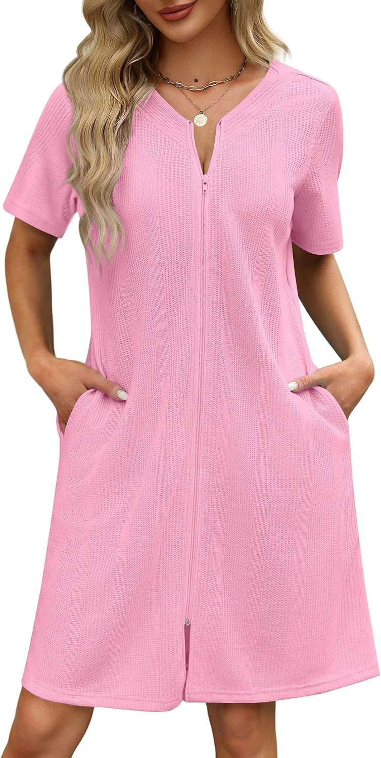 Ekouaer Women Zipper Robe Waffle Bathrobe Short House Coat with Pockets | Lightweight Robe, Short Sleeve, Waffle Material, V Neck WEBE CLOTHING