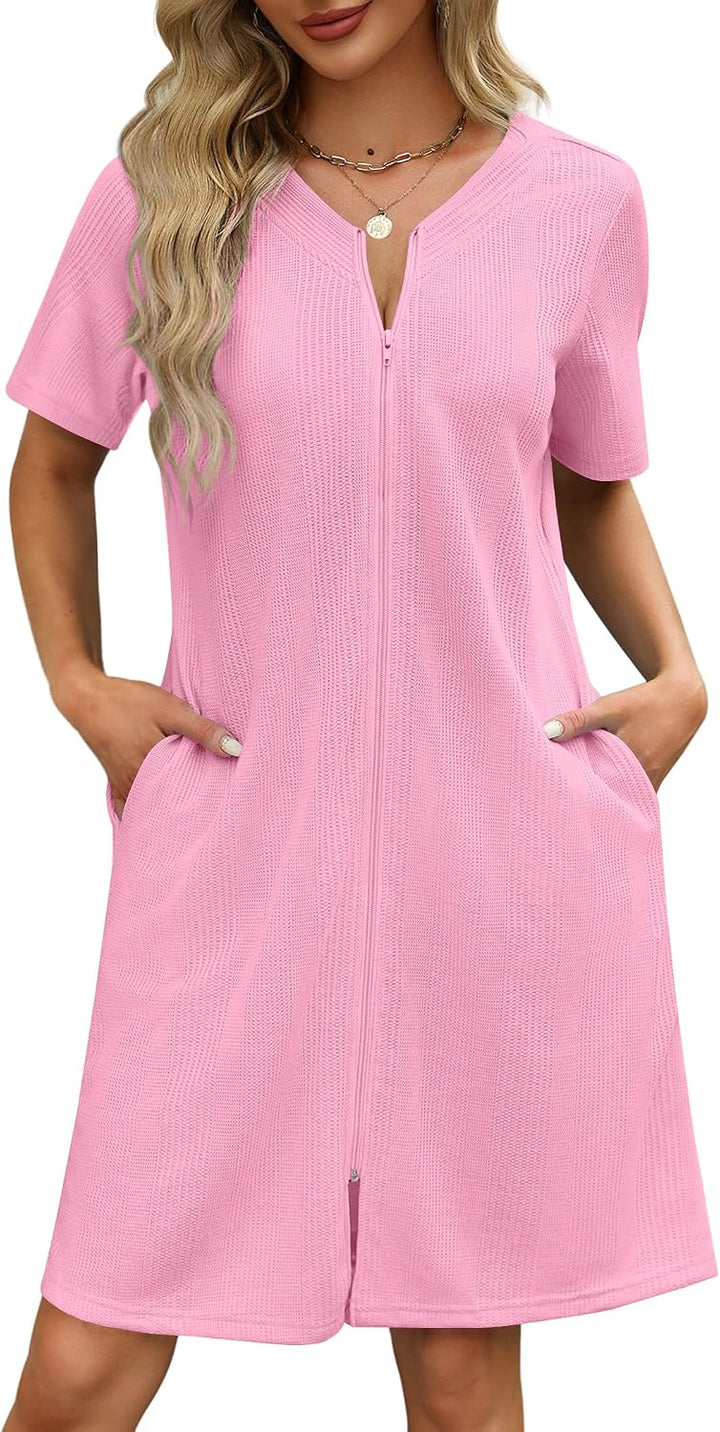 Ekouaer Women Zipper Robe Waffle Bathrobe Short House Coat with Pockets | Lightweight Robe, Short Sleeve, Waffle Material, V Neck WEBE CLOTHING