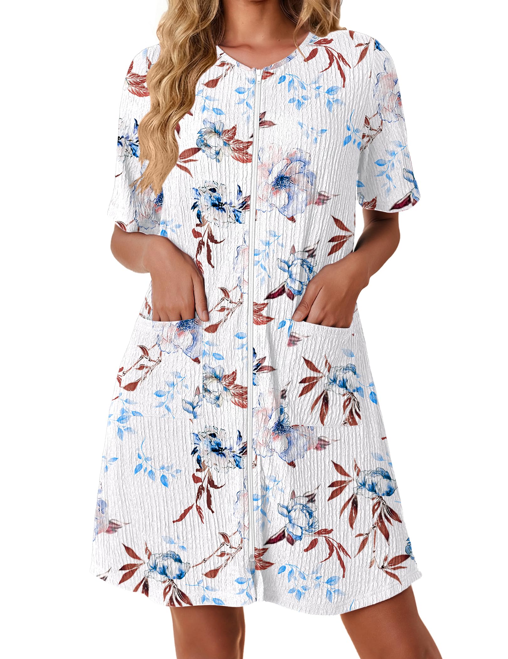 Ekouaer Women Zipper Robes Knit Short Bathrobe Lightweight House Coat with Pockets Soft Nightgown S-XXL WEBE CLOTHING