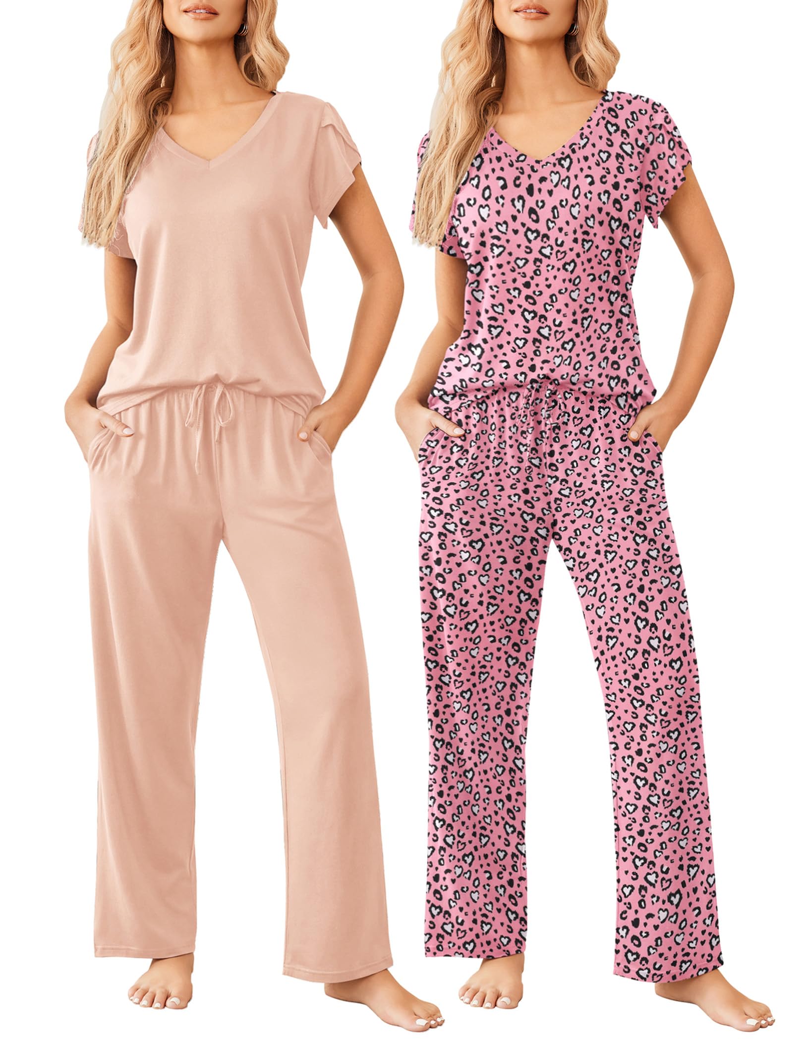 Ekouaer 2 Pack Womens Pajamas Short Sleeve Sleepwear Top with Pants Super-Soft Printed Lounge Sets S-XXL