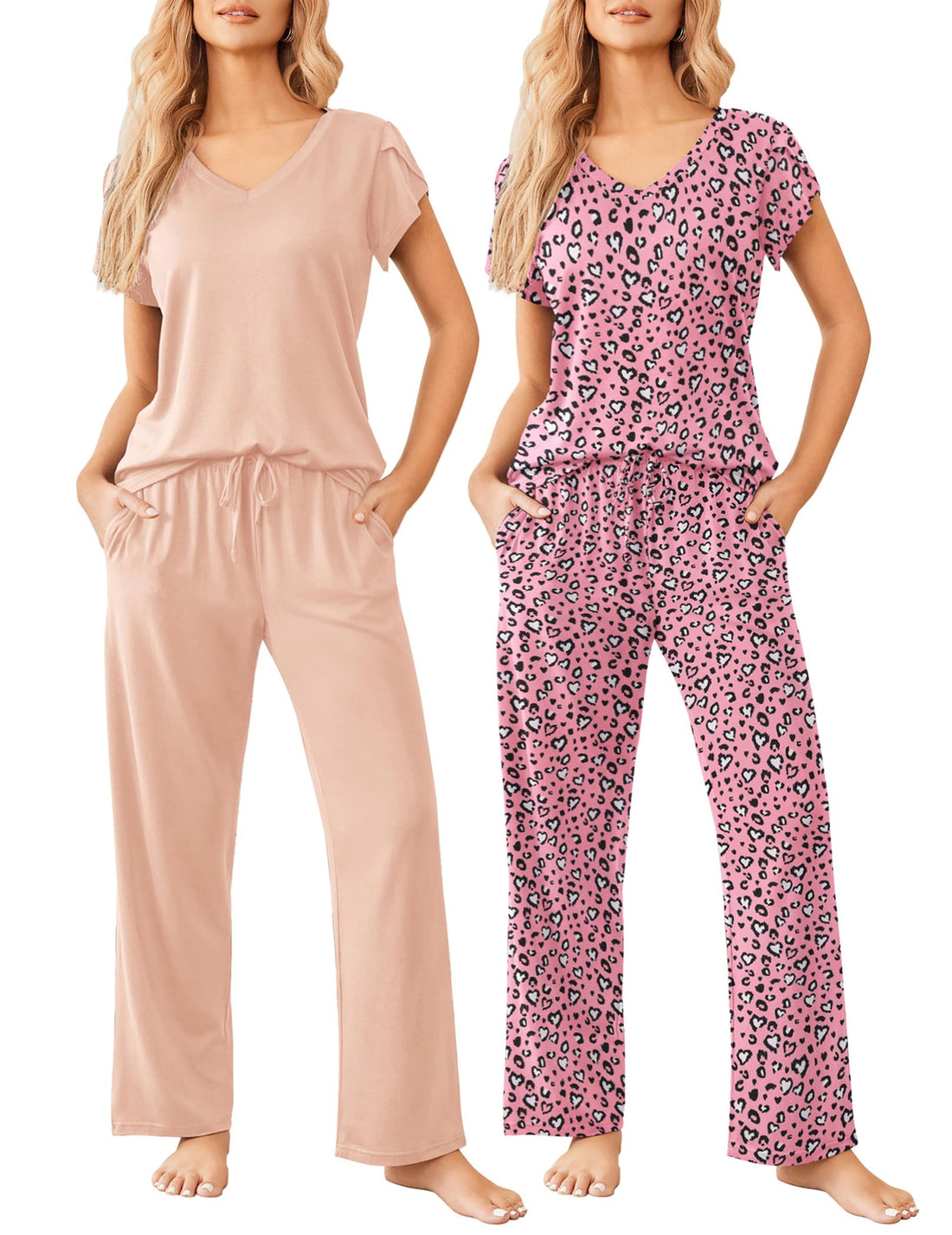 Ekouaer 2 Pack Womens Pajamas Short Sleeve Sleepwear Top with Pants Super-Soft Printed Lounge Sets S-XXL
