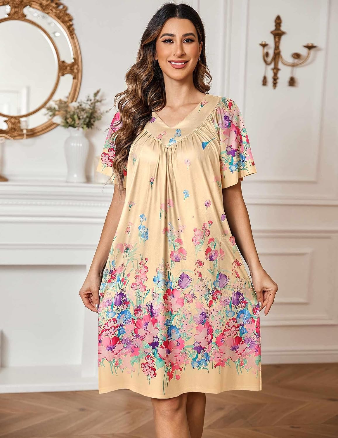Ekouaer Womens House Dress Floral Print Nightgown with Pockets Mumu Dress | V Neck Nightgowns for Women Pleated Short Sleeves Mumu Dresses Knee Length Moo Moo for Sleep, Daily Wear, Vacation, Party WEBE CLOTHING