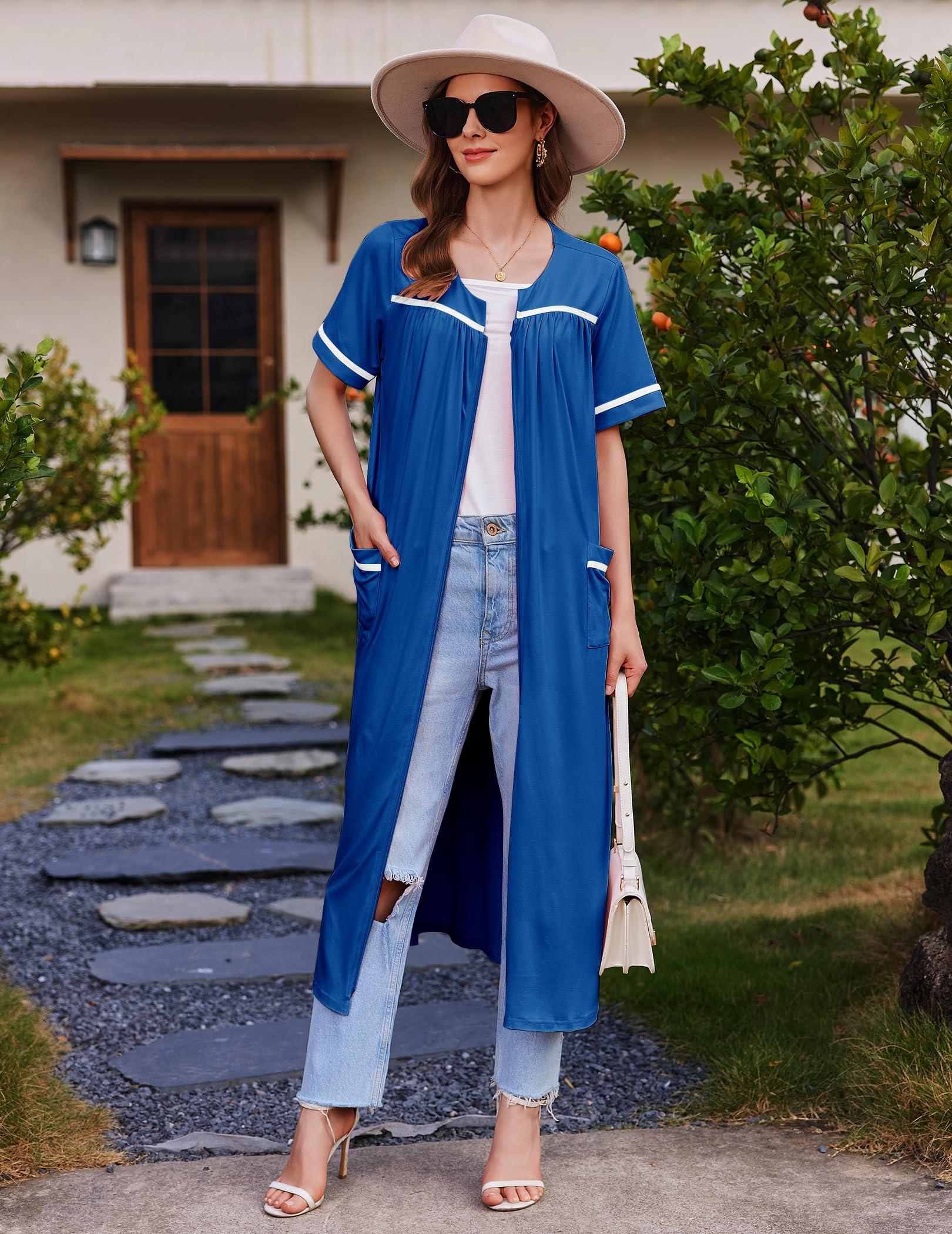 Ekouaer Zipper Robes for Women Short Sleeve Bathrobe Soft Lightweight Housecoat Full Length Nightgown with Pockets S-3XL WEBE CLOTHING