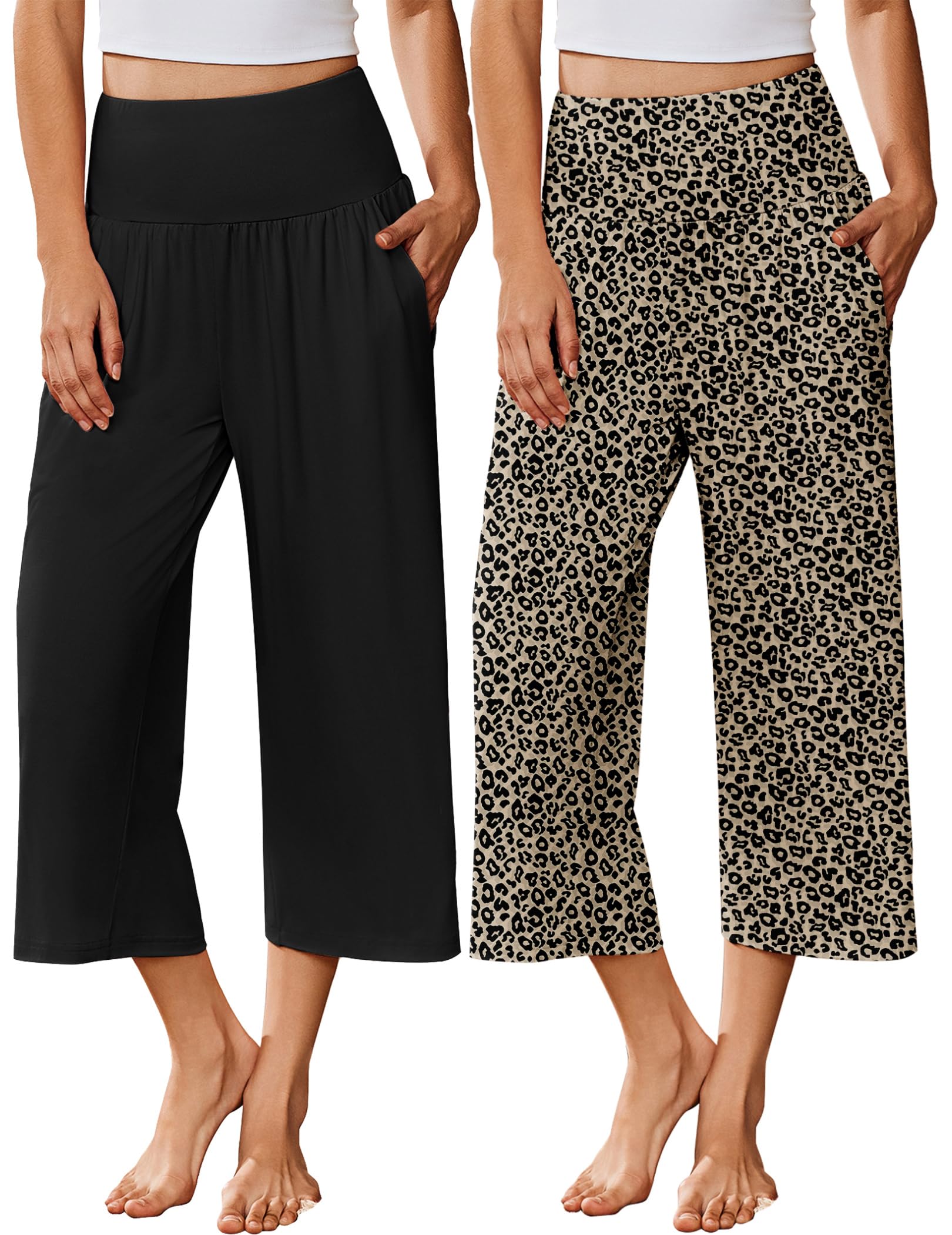Ekouaer 2 Pack Womens Pajama Pants 2026 Wide Leg Capri Yoga Pants Lounge Comfy Sleep Pj Bottoms with Pockets