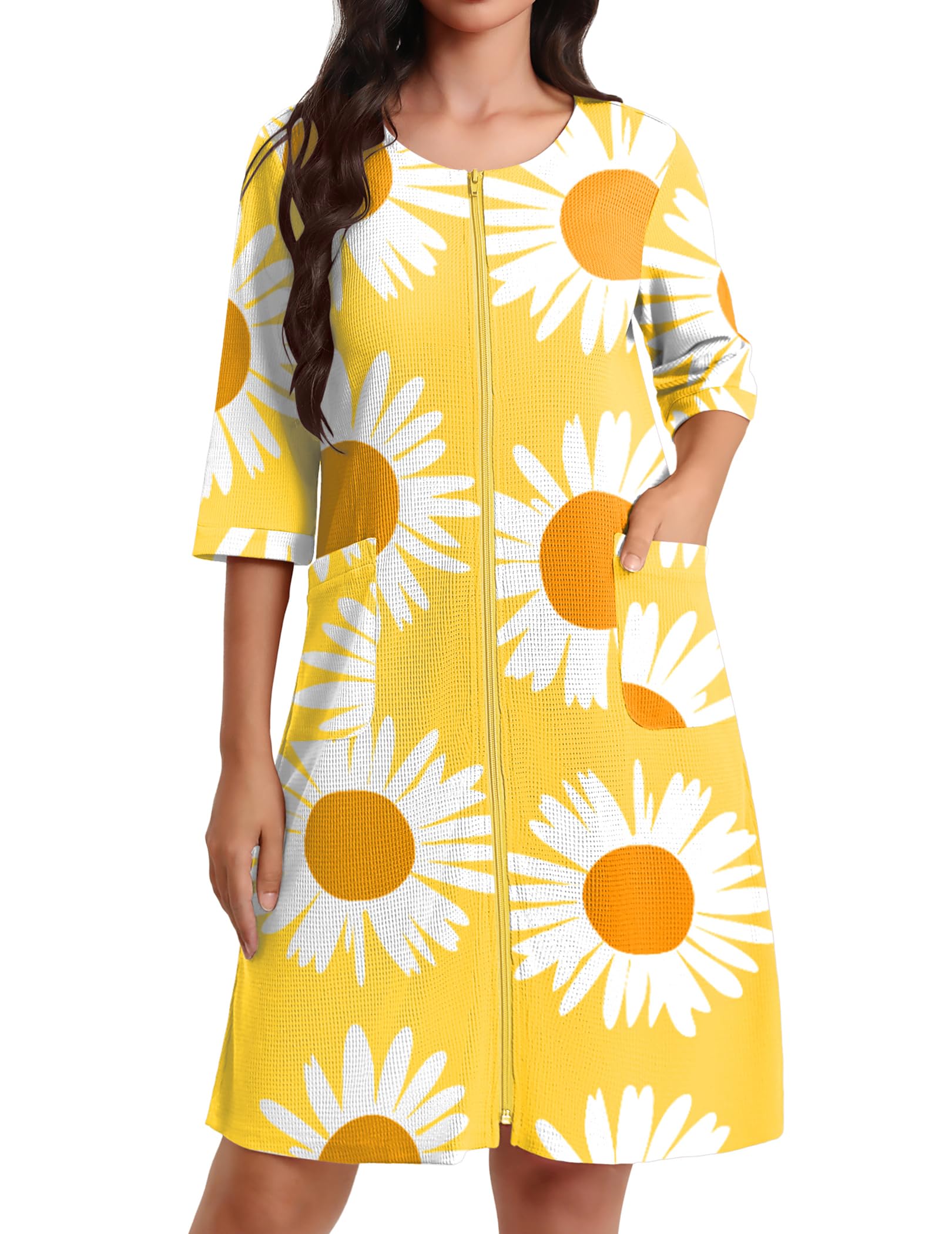Ekouaer Zip Up Robes for Women Short Waffle Bathrobe Lightweight house coat 3/4 Sleeve Soft Nightgown with Pockets S-3XL WEBE CLOTHING