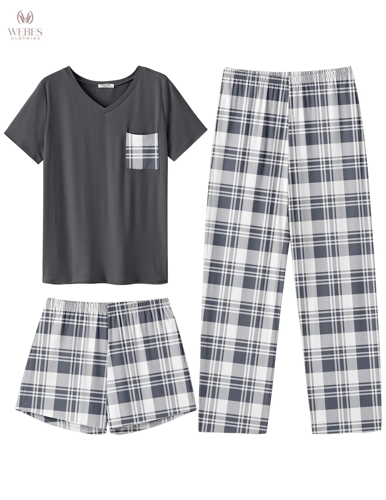 Ekouaer Women's 3 Piece Pajama Set Short Sleeve Sleepwear Pj Set Top and Shorts Pants Pjs with Pockets WEBE CLOTHING