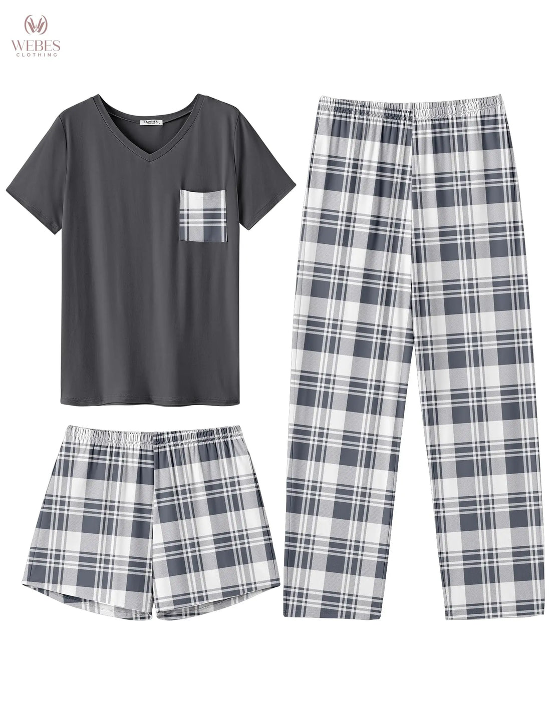 Ekouaer Women's 3 Piece Pajama Set Short Sleeve Sleepwear Pj Set Top and Shorts Pants Pjs with Pockets WEBE CLOTHING