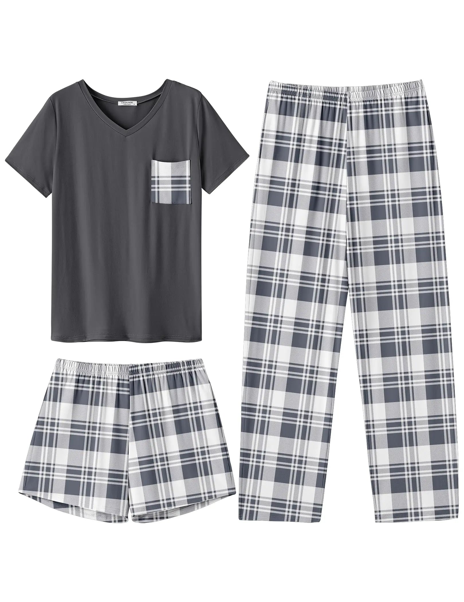 Ekouaer Women's 3 Piece Pajama Set Short Sleeve Sleepwear Pj Set Top and Shorts Pants Pjs with Pockets WEBE CLOTHING
