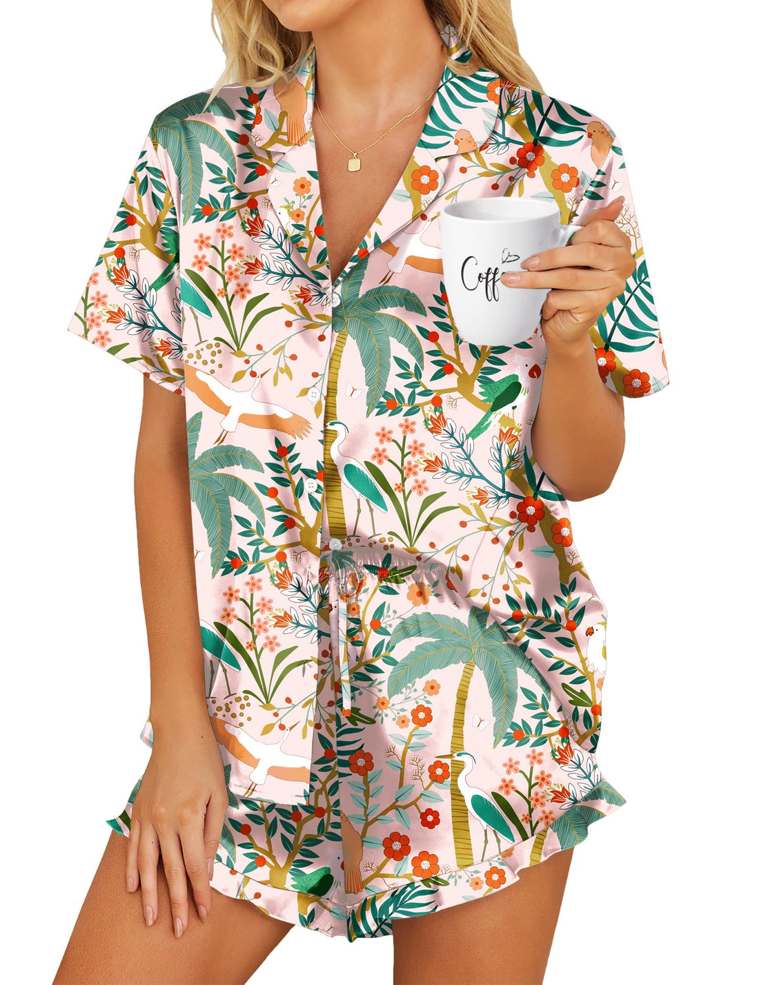 HOTOUCH Womens Satin Pajamas Set Button Down 2 Piece Silk Pjs Shorts Set Ruffle Lingerie Notch Collar Sleepwear