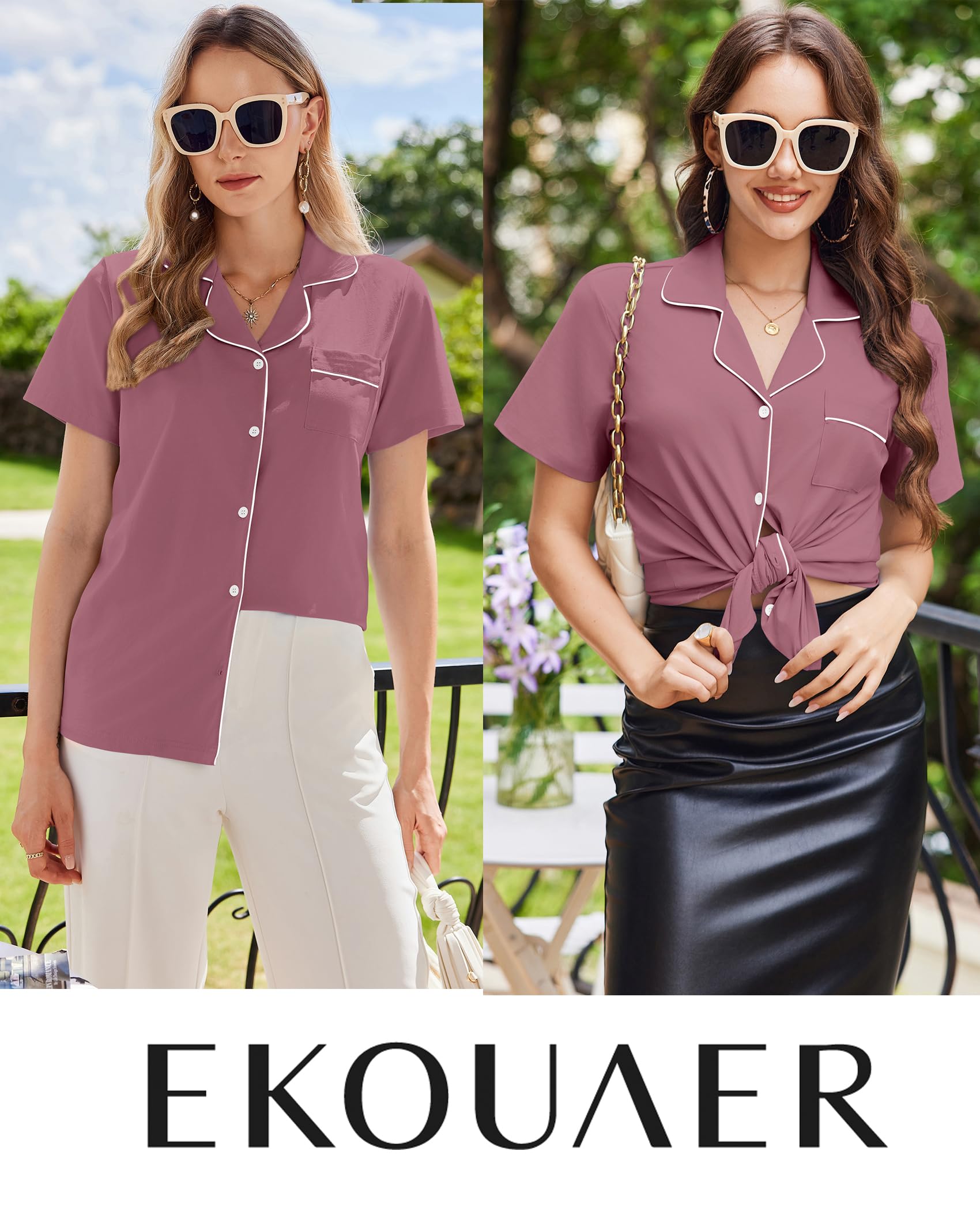 Ekouaer Cotton Pajama Sets for Women Button Down Short Sleeve PJs Comfort Classic Sleep Set Loungewear