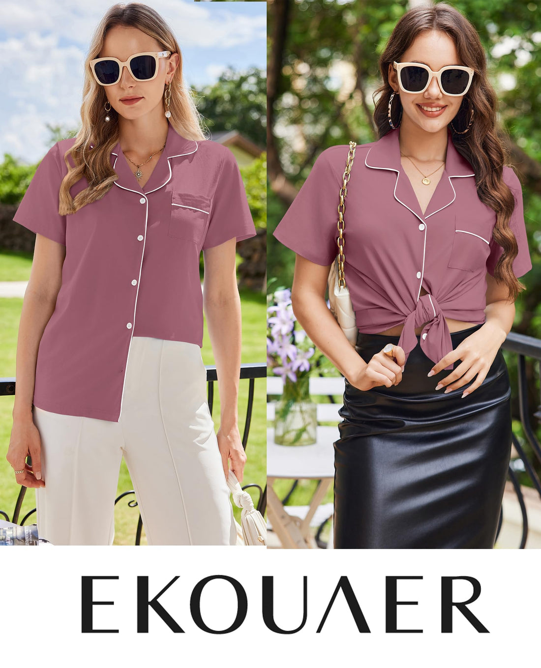 Ekouaer Cotton Pajama Sets for Women Button Down Short Sleeve PJs Comfort Classic Sleep Set Loungewear