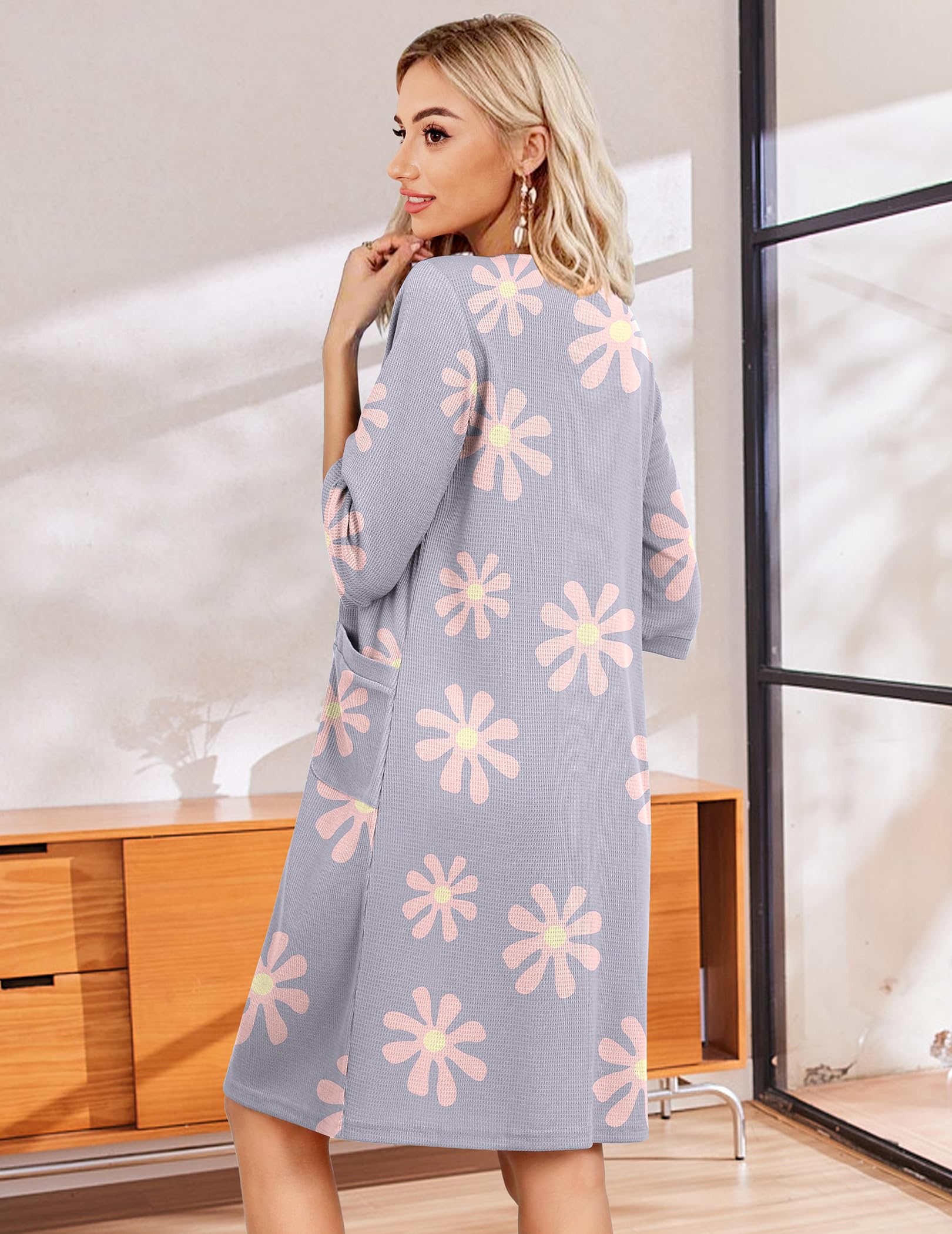 Ekouaer Zip Up Robes for Women Short Waffle Bathrobe Lightweight house coat 3/4 Sleeve Soft Nightgown with Pockets S-3XL WEBE CLOTHING
