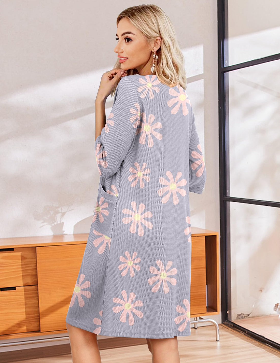 Ekouaer Zip Up Robes for Women Short Waffle Bathrobe Lightweight house coat 3/4 Sleeve Soft Nightgown with Pockets S-3XL WEBE CLOTHING