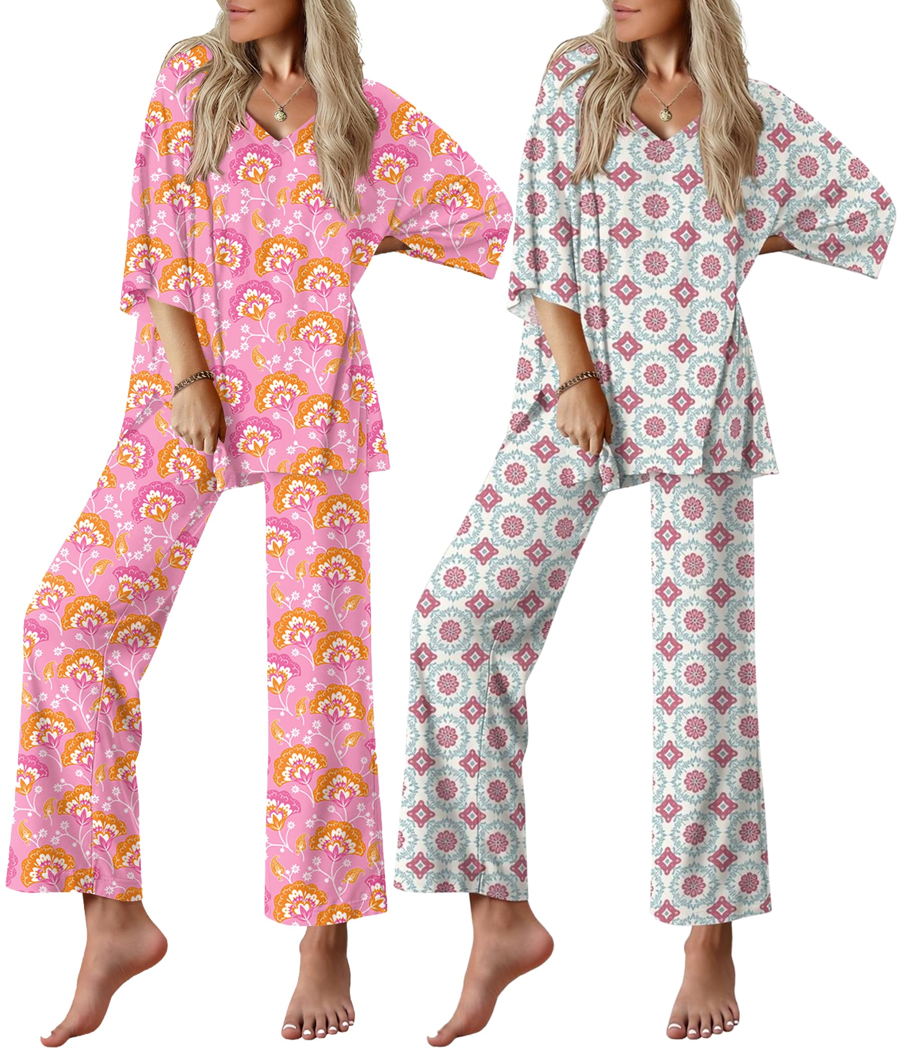 Ekouaer 2 Packs Lounge Sets for Women Short Sleeve Pajamas Set V Neck Top and Long Pants Comfy Pjs Outifts with Pockets