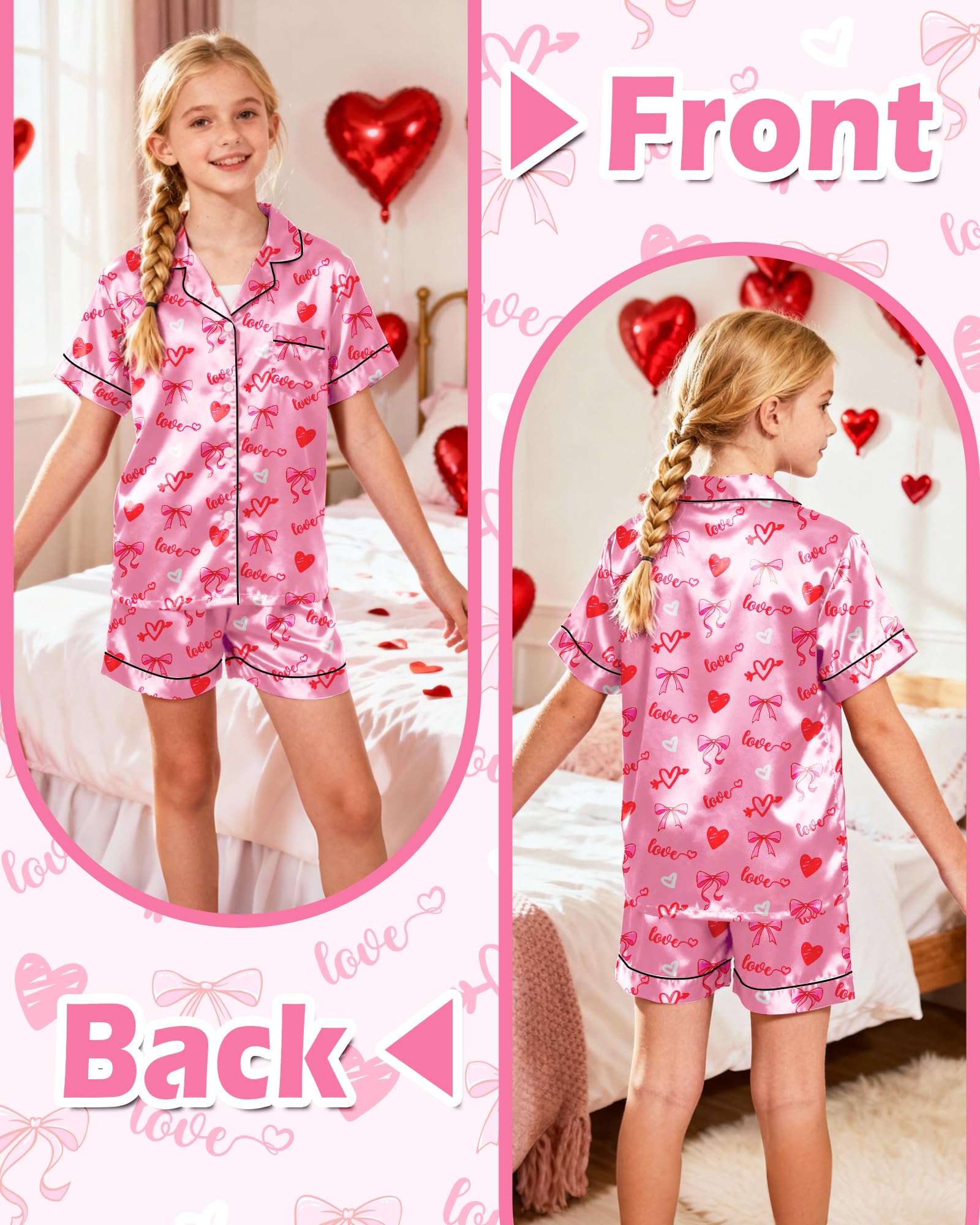Sylfairy Girls Pajamas Silk PJS Set Pink Bow Satin Sleepwear Short Sleeve Jammies for Kids Button-Down Nightwear size 7-14