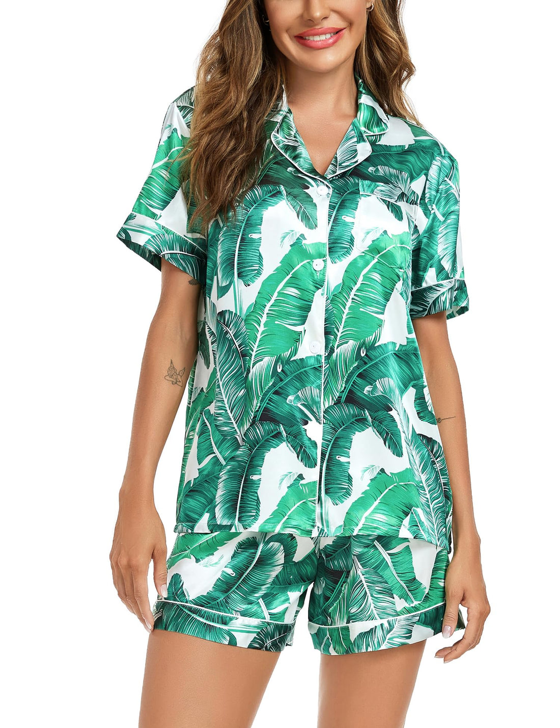 SWOMOG Couple Matching Pajamas Sets Women & Men Button Down Silk Pjs Men Short Sleeve Soft Lounge Sets 2 Pcs Loungewear