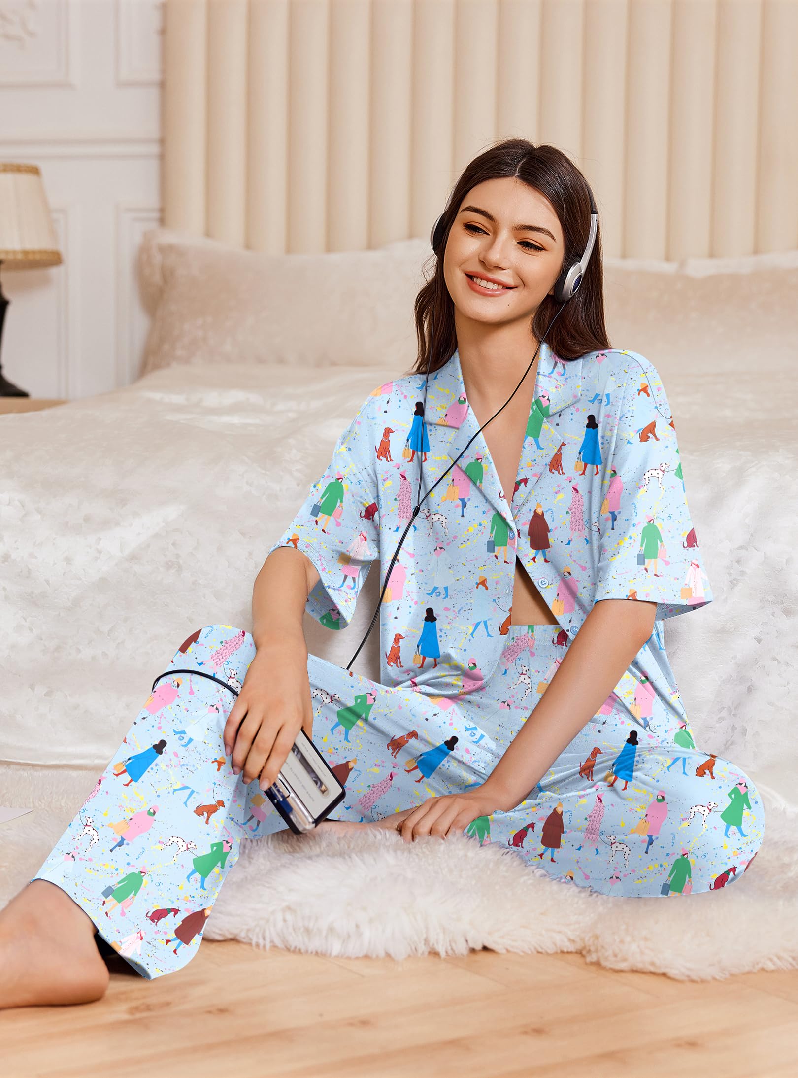 Ekouaer Women Pajamas Set Button Down Sleepwear Short Sleeve Pjs Soft Comfy Nightwear with Long Pants S-XXL