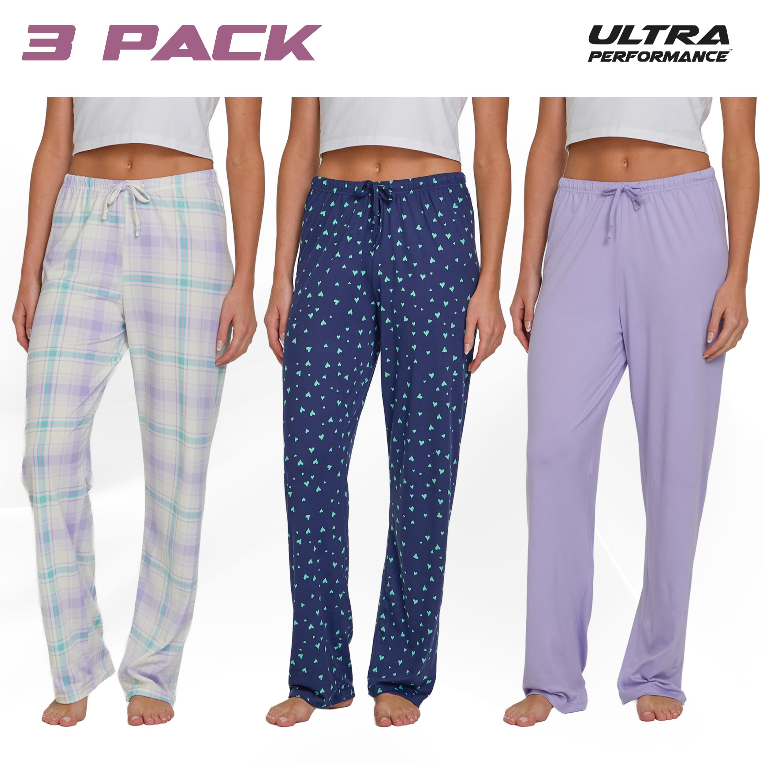 Ultra Performance Womens Pajama PJ Pants 3 Pack Lounge Bottoms Pajamas for Women (Avail in Plus Sizes)