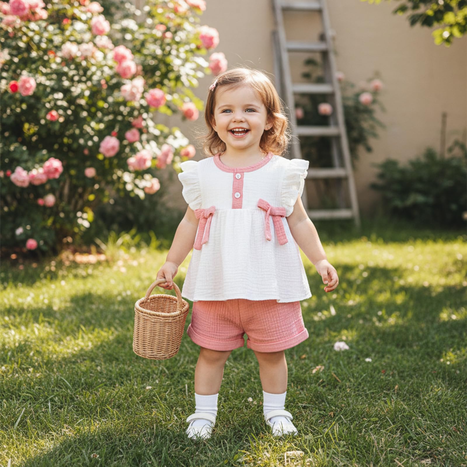Amnnchya Toddler Girl Clothes Baby Summer Spring Outfits Cute Bow Button Smocked Ruffle Sleeve Tops ＋ Girls Shorts Set WEBE CLOTHING