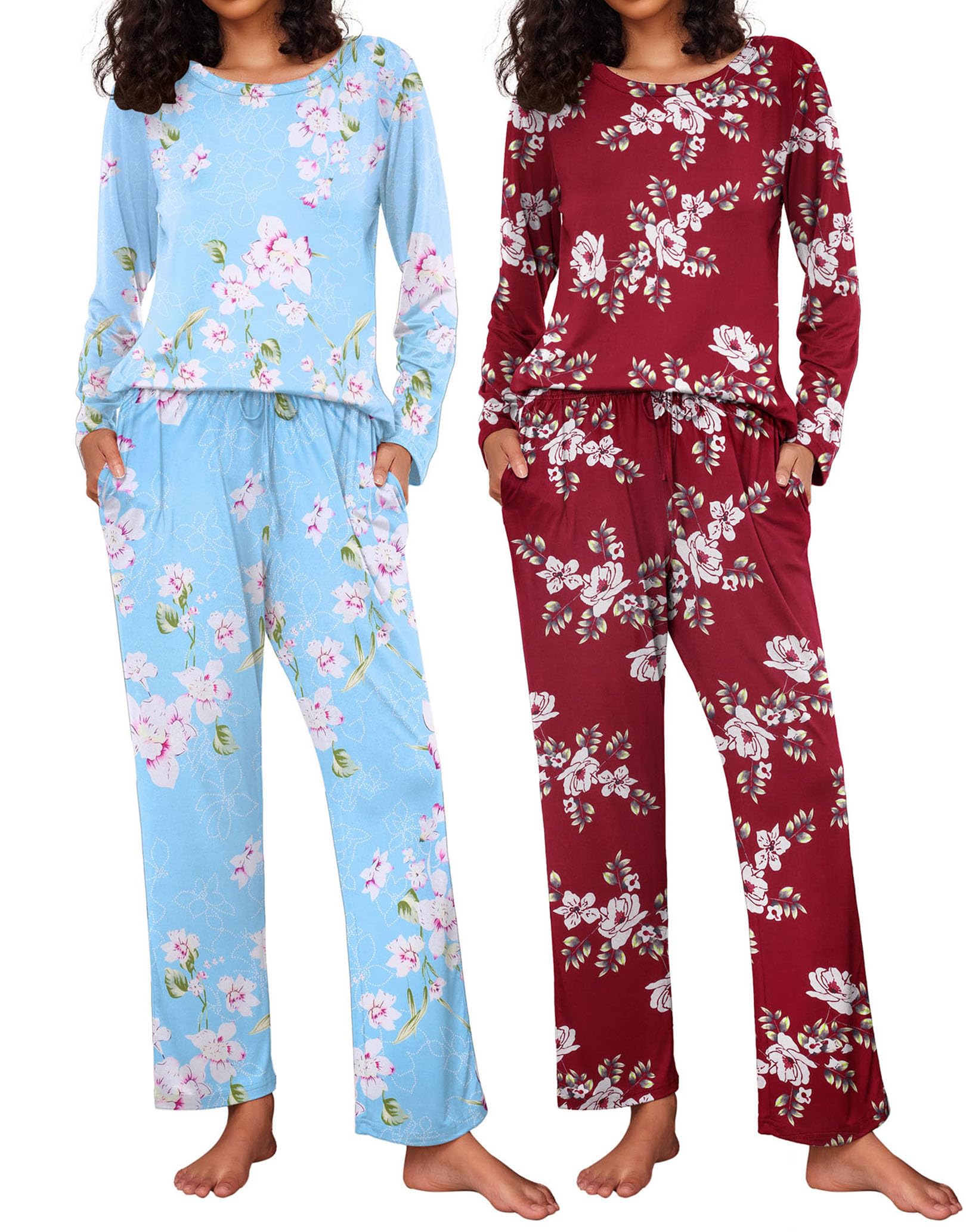 Ekouaer 2 Pack Womens Pajama Sets Long Sleeve Pjs Lounge Set Soft Comfy Sleepwear Winter Loungewear