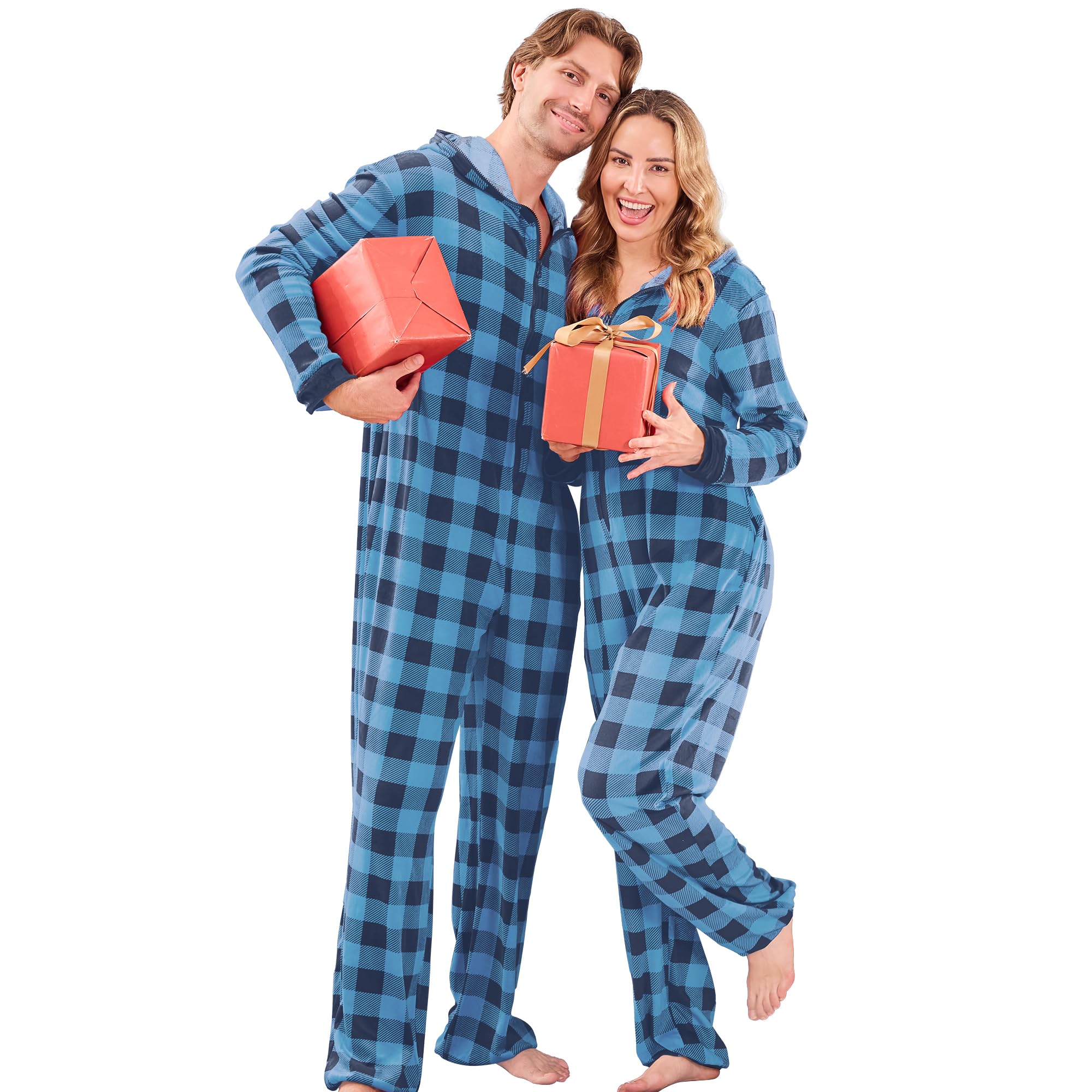 PJGGZ Onesie Couples Matching Pajamas - Funny Plaid Zipper Hooded Pjs Sets for Women & Men Soft Warm Christmas Jumpsuit WEBE CLOTHING