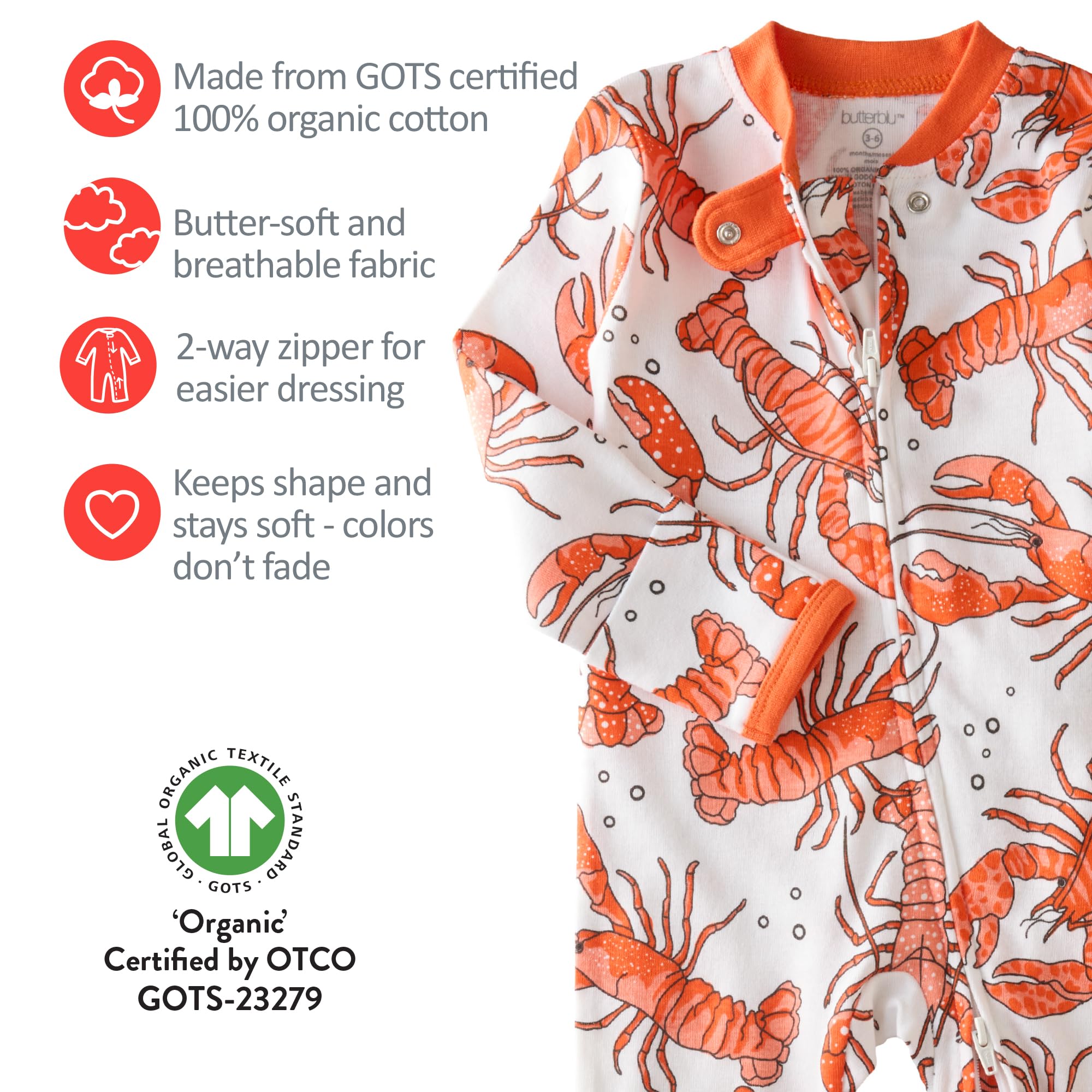Butterblu Shadow Sleep & Play Baby Pajamas 100% Organic Cotton Two Way Zipper Sleeper Pajamas for Baby Boys & Girls