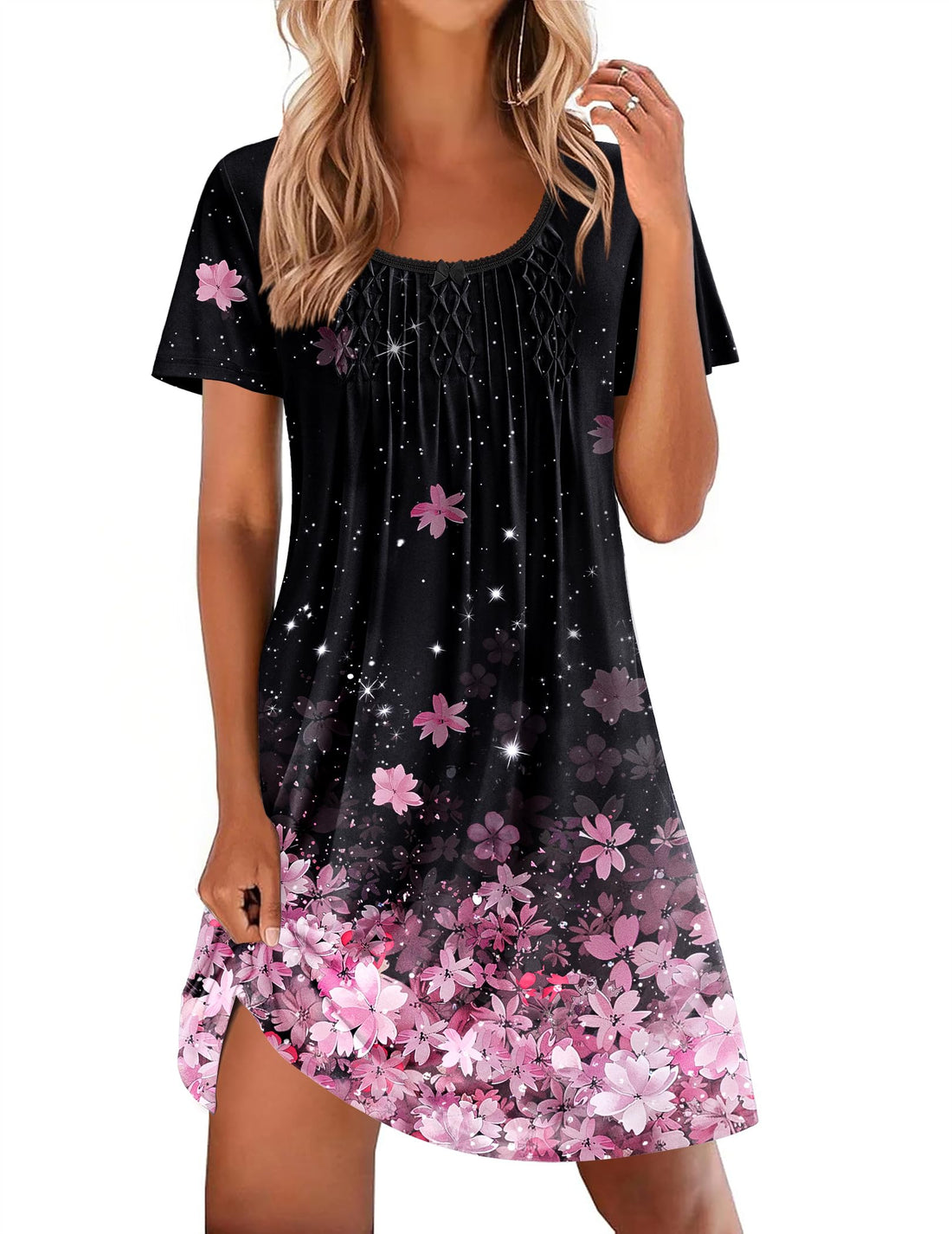Ekouaer Nightgowns for Women Pleated Sleep Shirts Short Sleeve Night Shirts Lace Trim Night Gown Ladies Sleep Dress