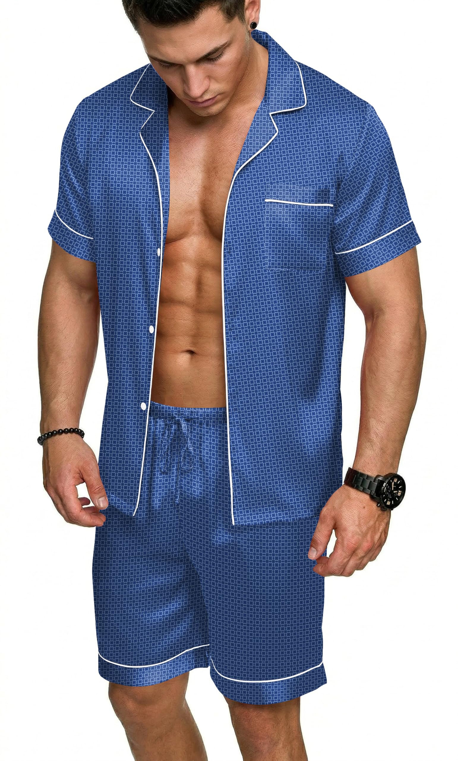 Ekouaer Mens Silk Satin Pajamas Set, Short Sleeve Sleepwear Lightweight Button Up Lounge Pjs Set with Pockets S-4XL WEBE CLOTHING