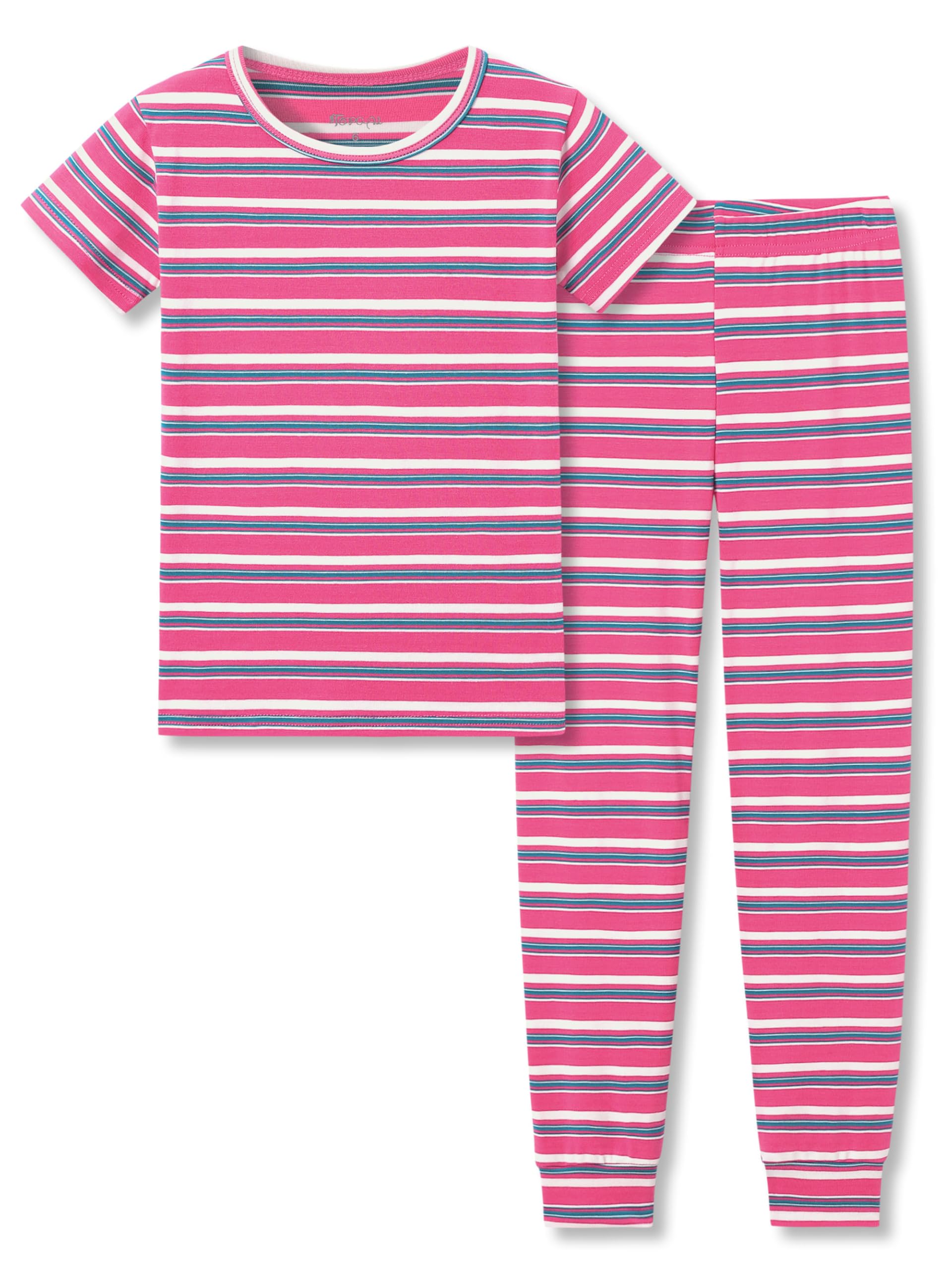 Topgal Summer Pajamas for Unisex Kids - Purple & Brown Stripe Snug Fit Pull-On Short Sleeve Sleepwear Pjs Set Size 2T-10