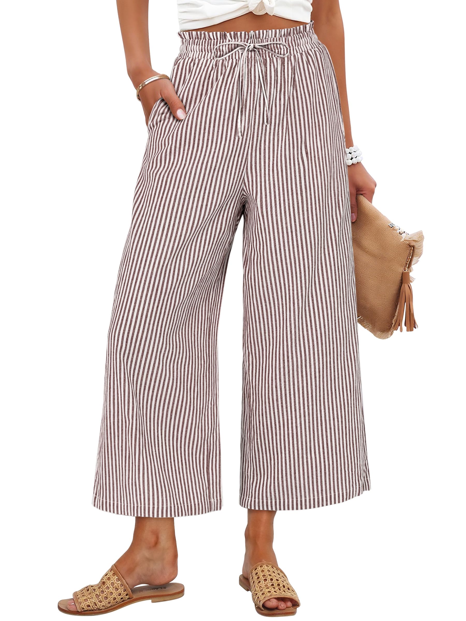 ANRABESS Womens Striped Gingham Palazzo Capri Pants Pajama Wide Leg Lounge Trousers Plaid Cute Crop PJ Bottoms with Pockets