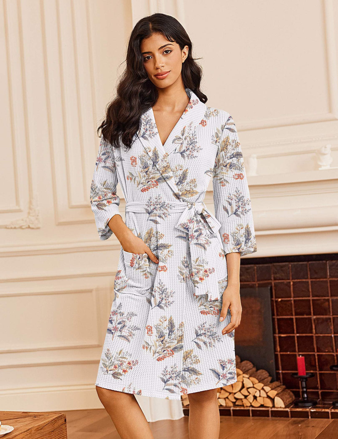 Ekouaer Robes for Women Waffle Knit Kimono Bathrobe Loungewear with Pockets | Maternity,Lightweight,Knee Length, Soft,Comfy,Robe,Floral Print,House Coat